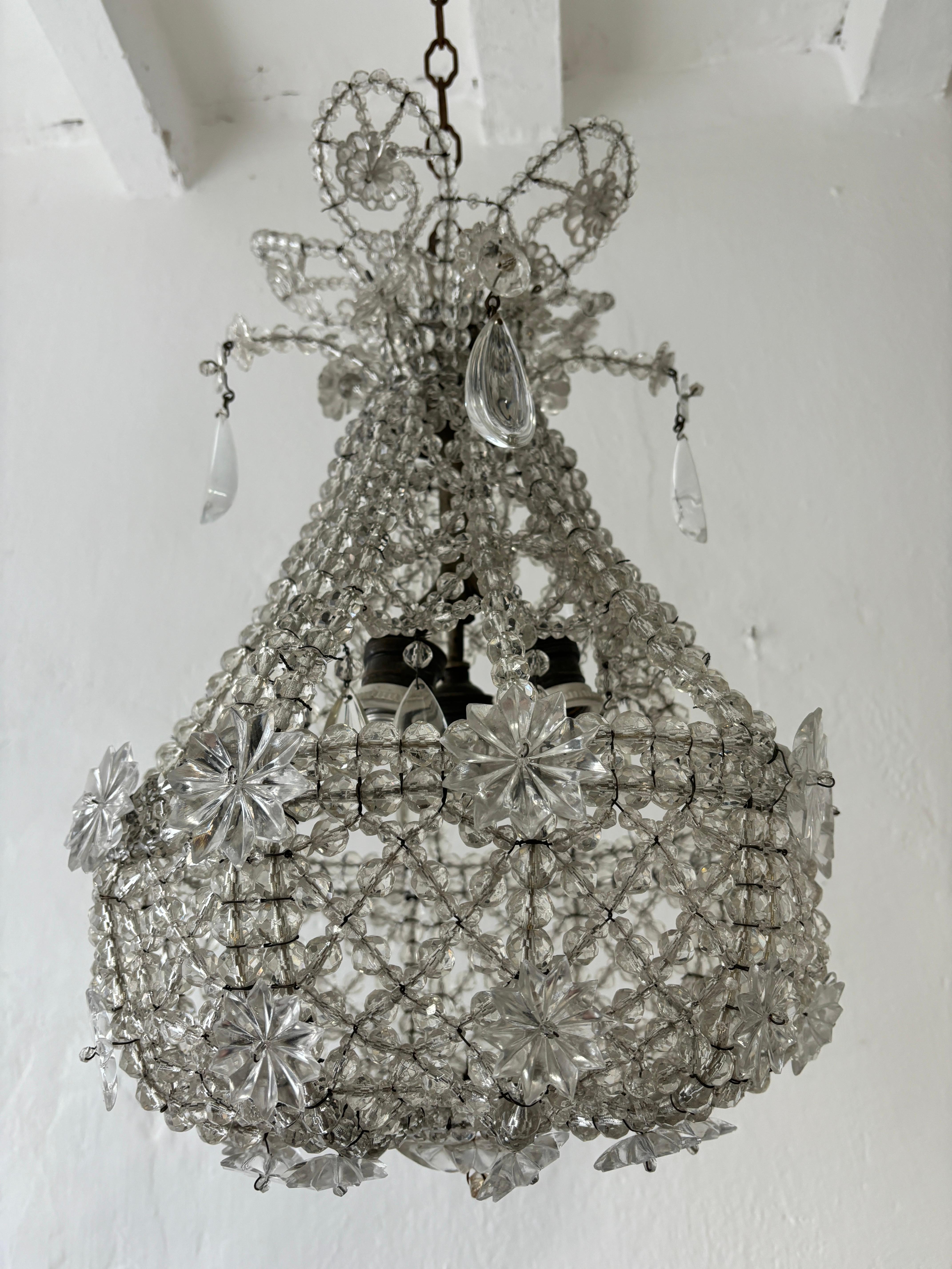 French Maison  Baguès Beaded with Crystal Prisms & Stars Chandelier c1900's For Sale 8