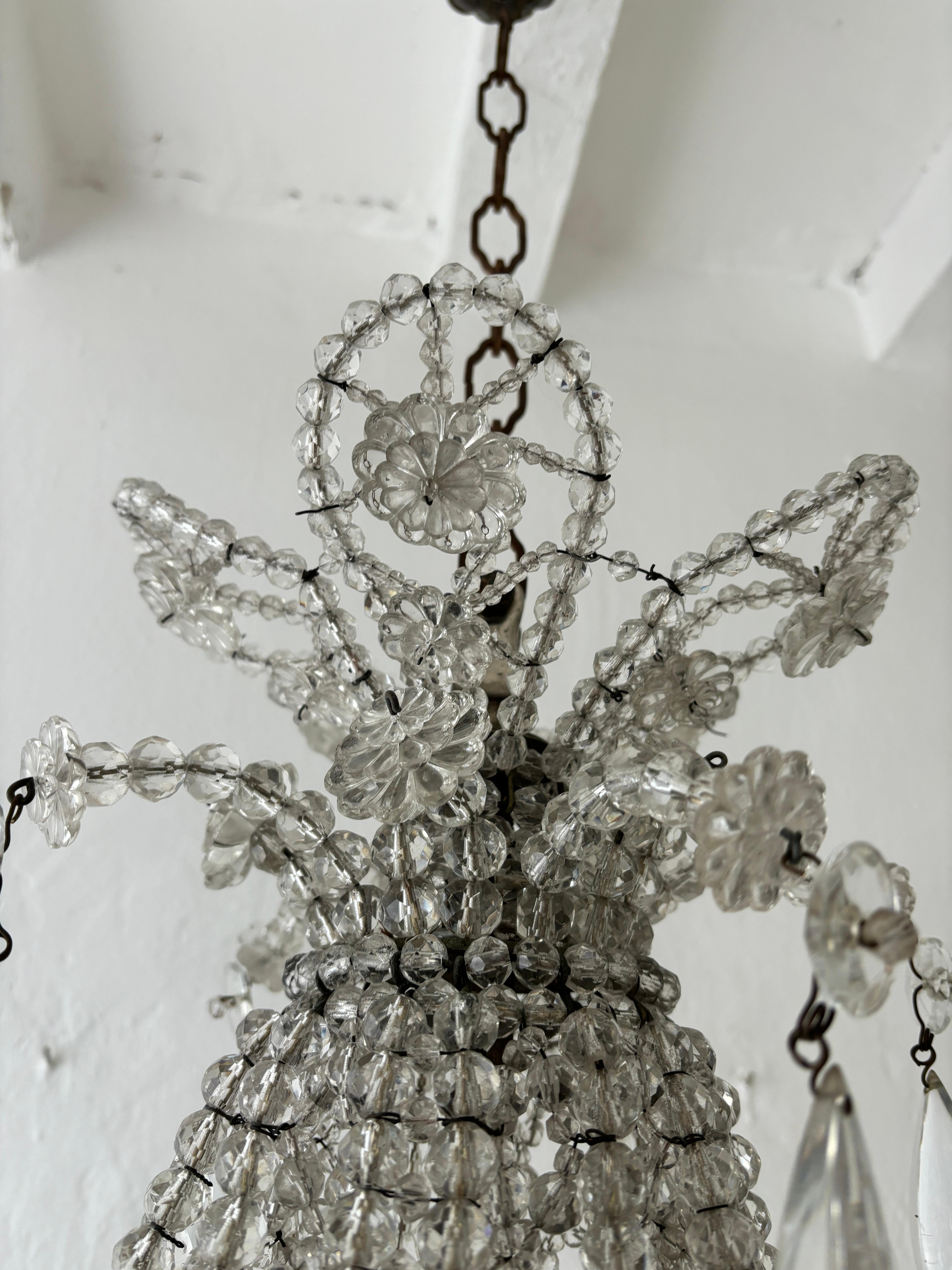 Early 20th Century French Maison  Baguès Beaded with Crystal Prisms & Stars Chandelier c1900's For Sale