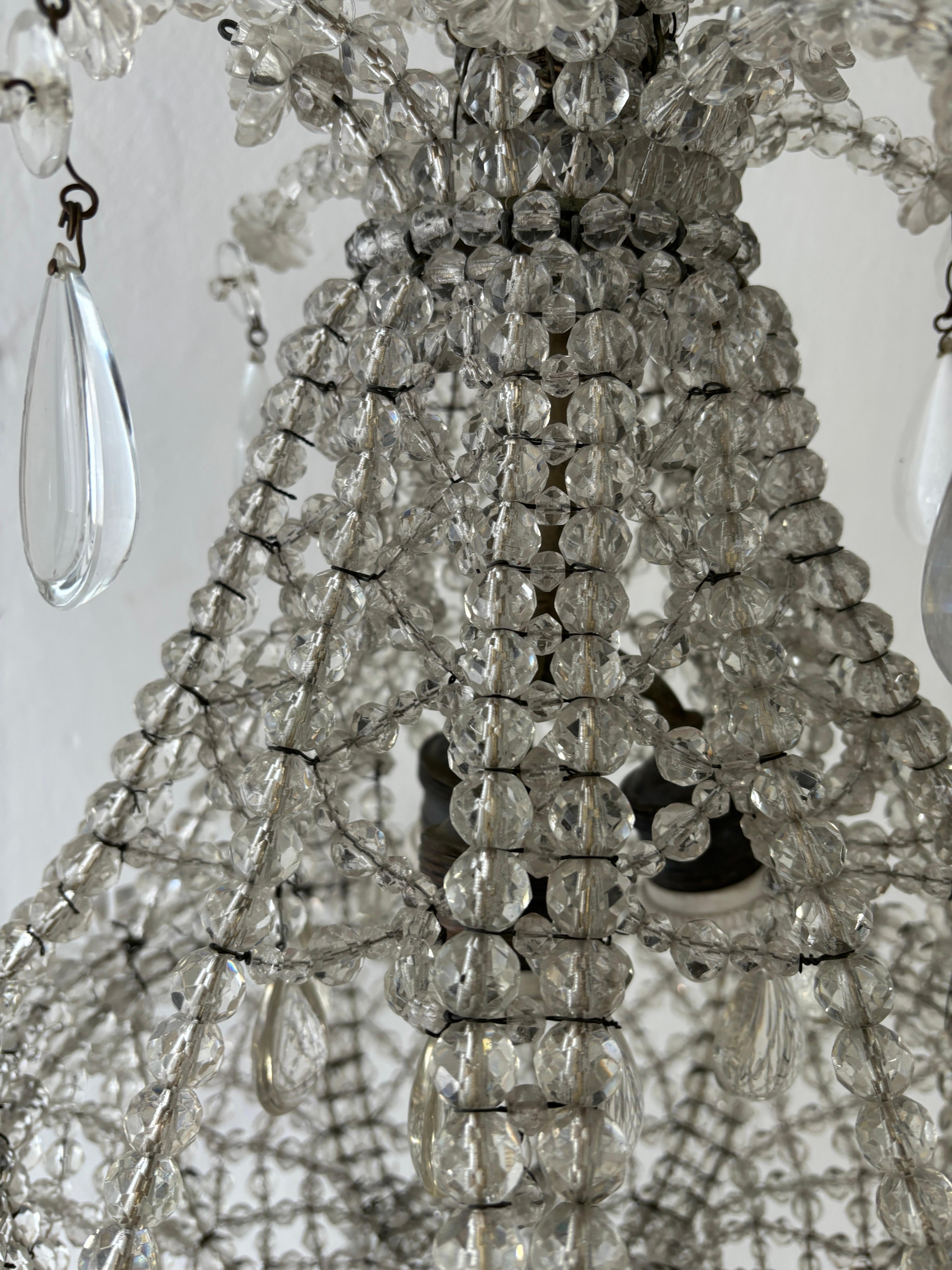 French Maison  Baguès Beaded with Crystal Prisms & Stars Chandelier c1900's For Sale 2