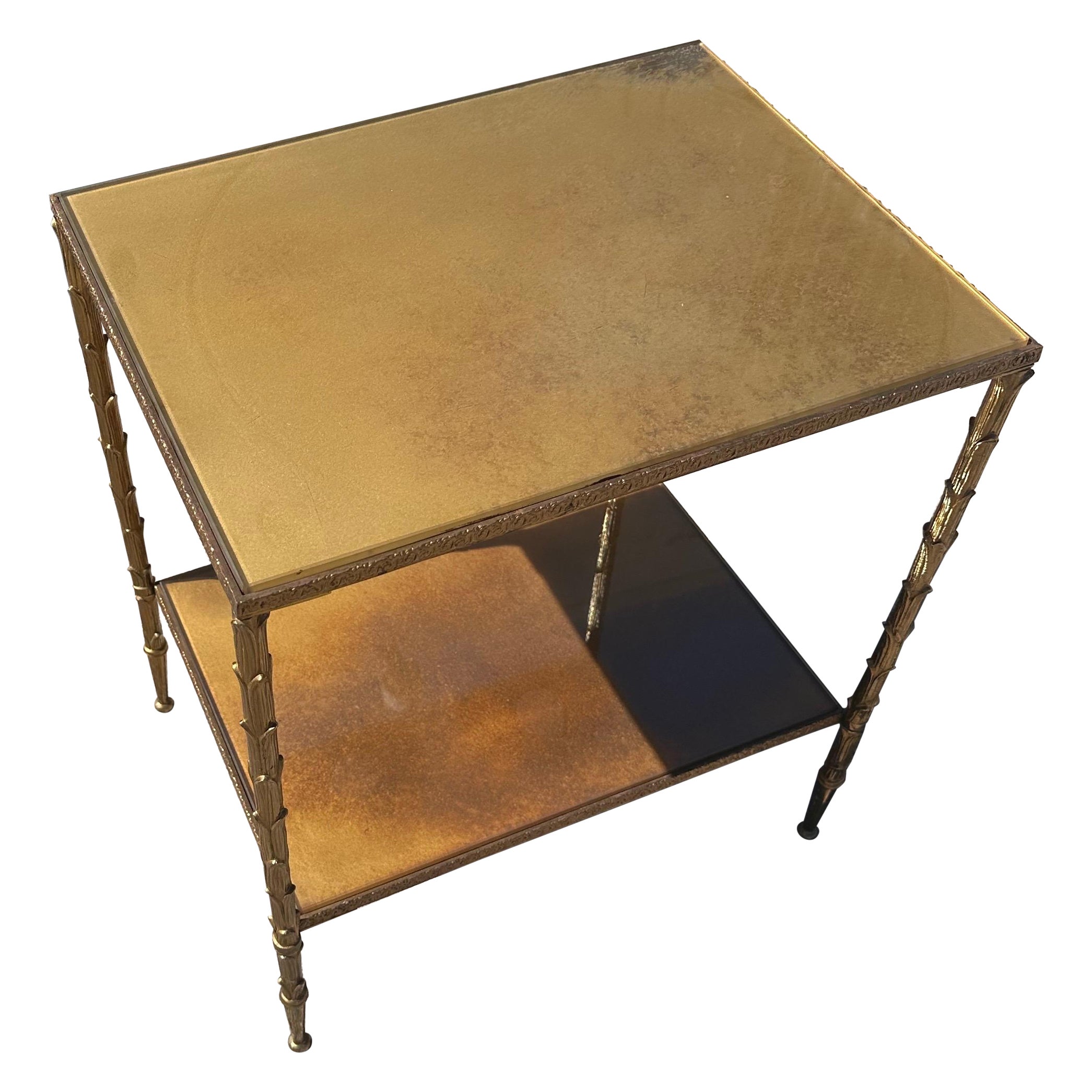 French Maison Bagues brass faux bamboo 2 tier table with eglomise glass top