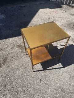 French Maison Bagues brass faux bamboo 2 tier table with eglomise glass top