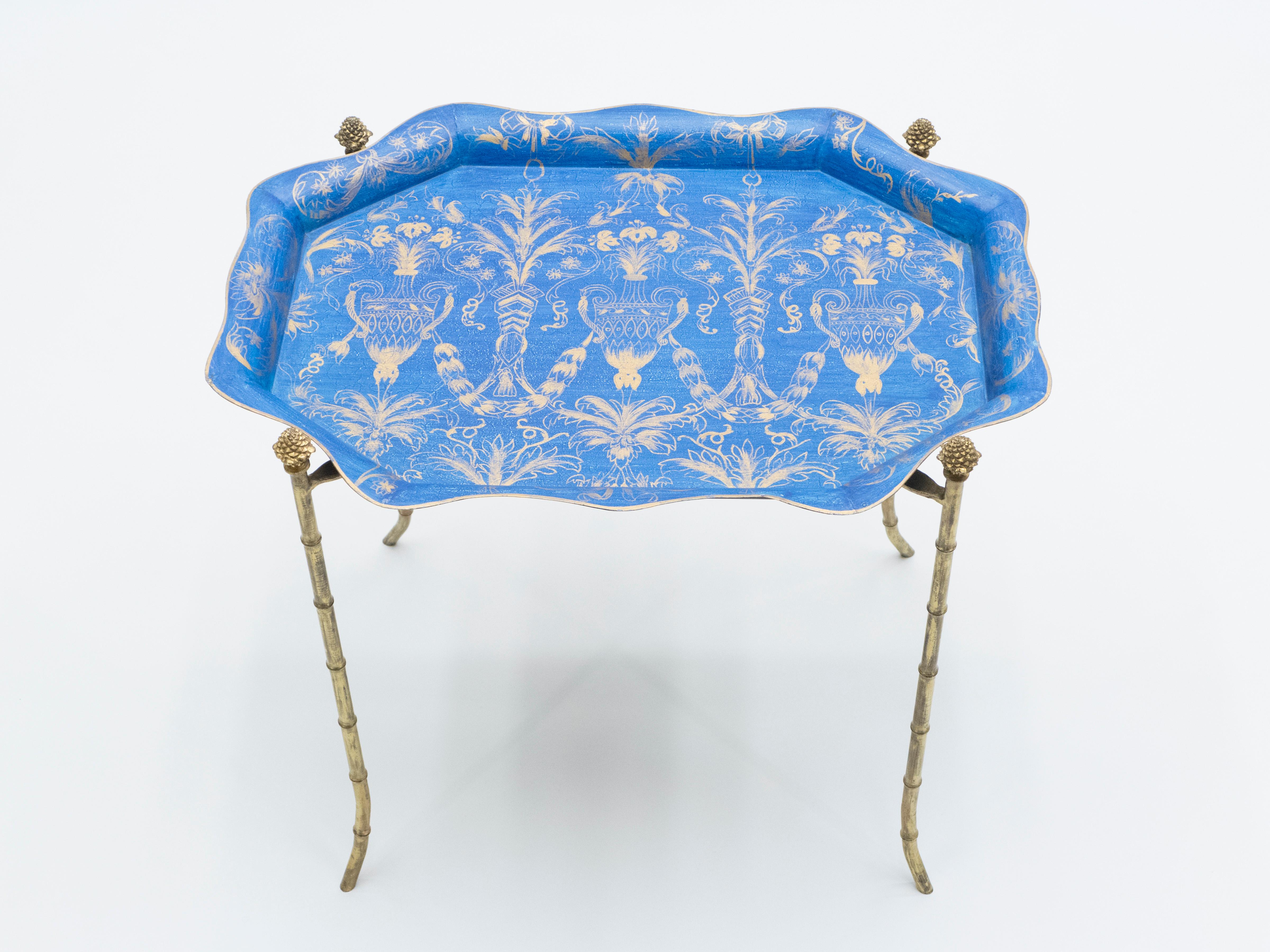 Mid-Century Modern French Maison Baguès Bronze Blue Tray Table, 1960