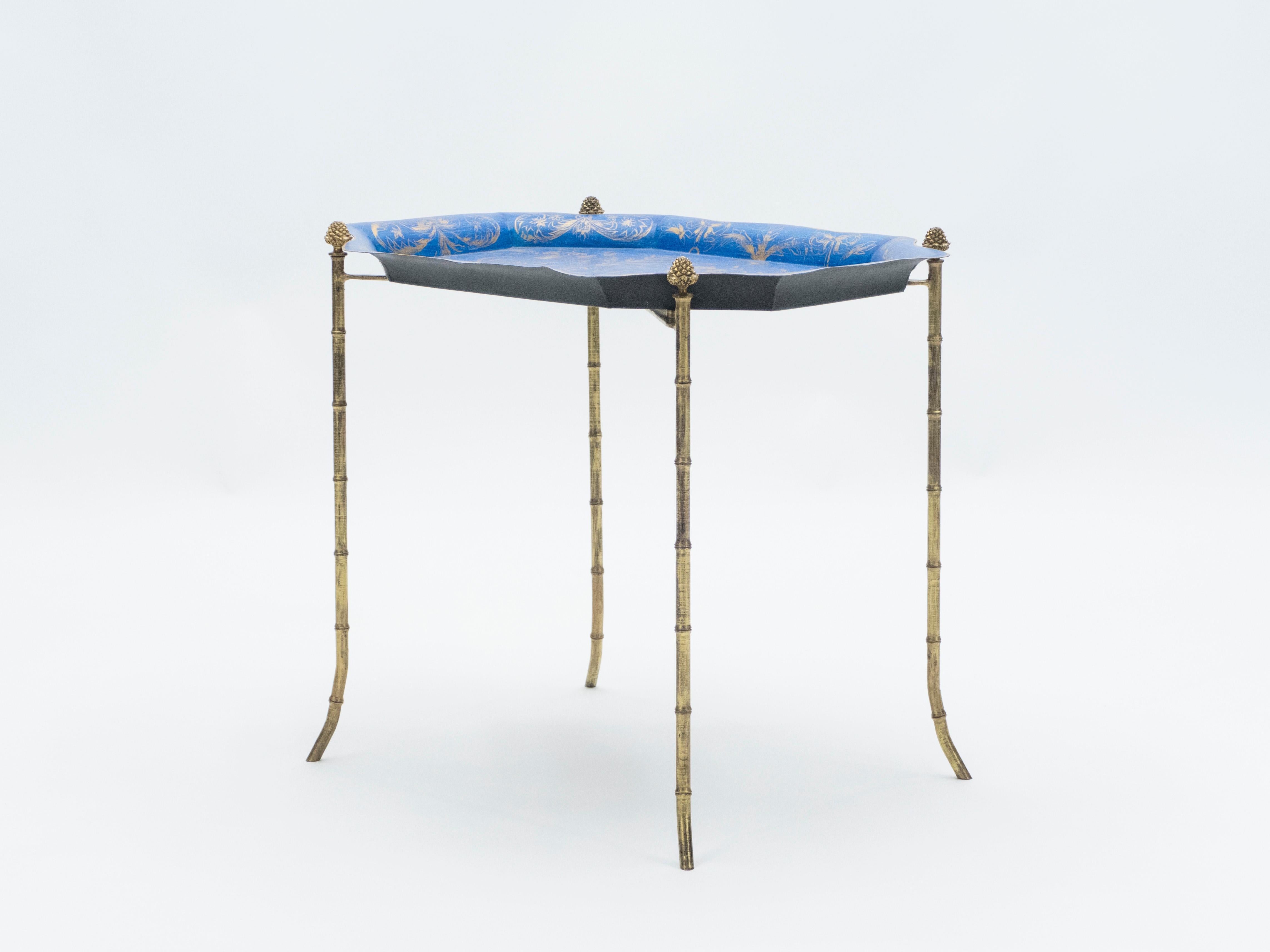 French Maison Baguès Bronze Blue Tray Table, 1960 In Good Condition In Paris, IDF