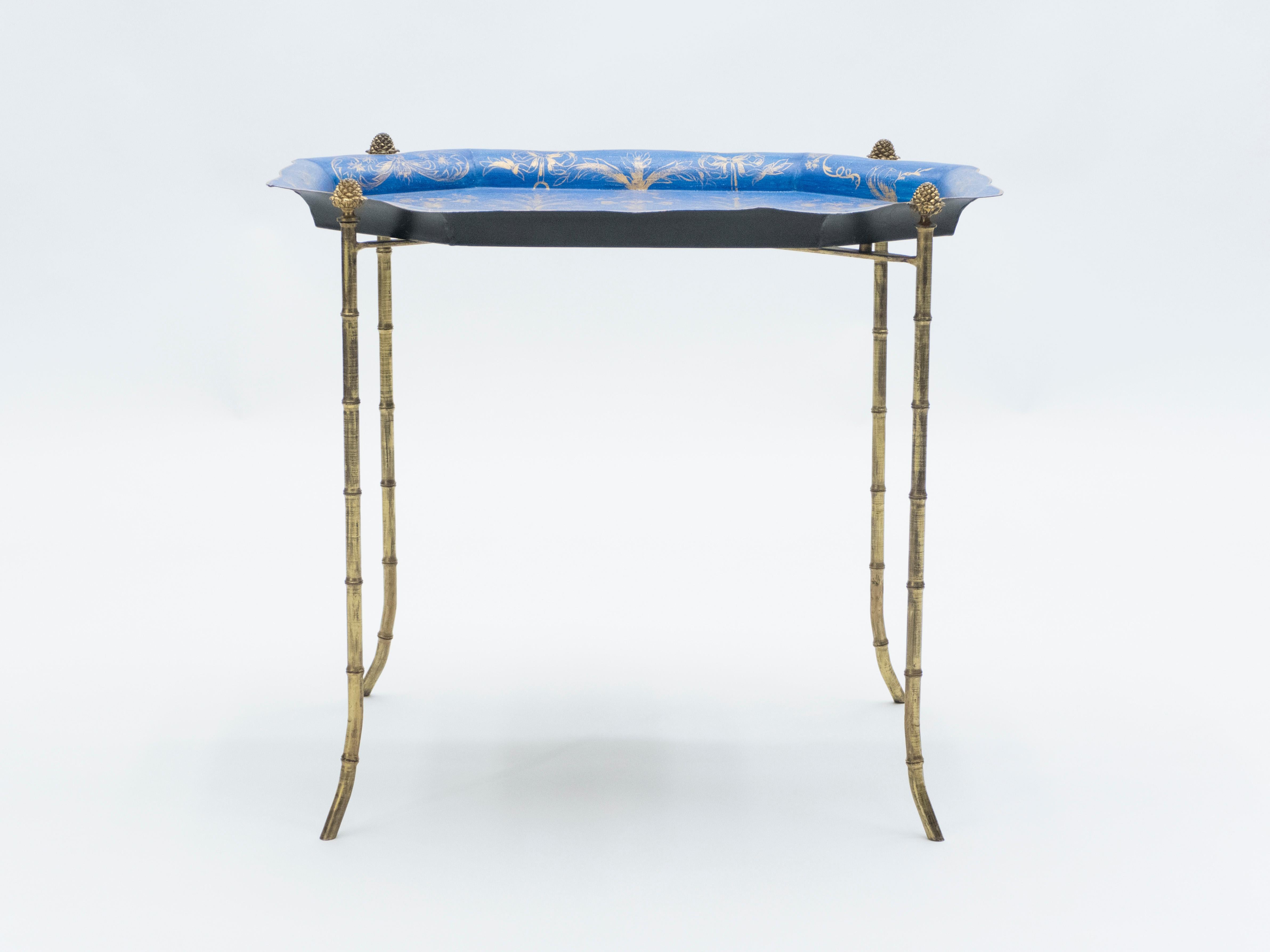 Mid-20th Century French Maison Baguès Bronze Blue Tray Table, 1960