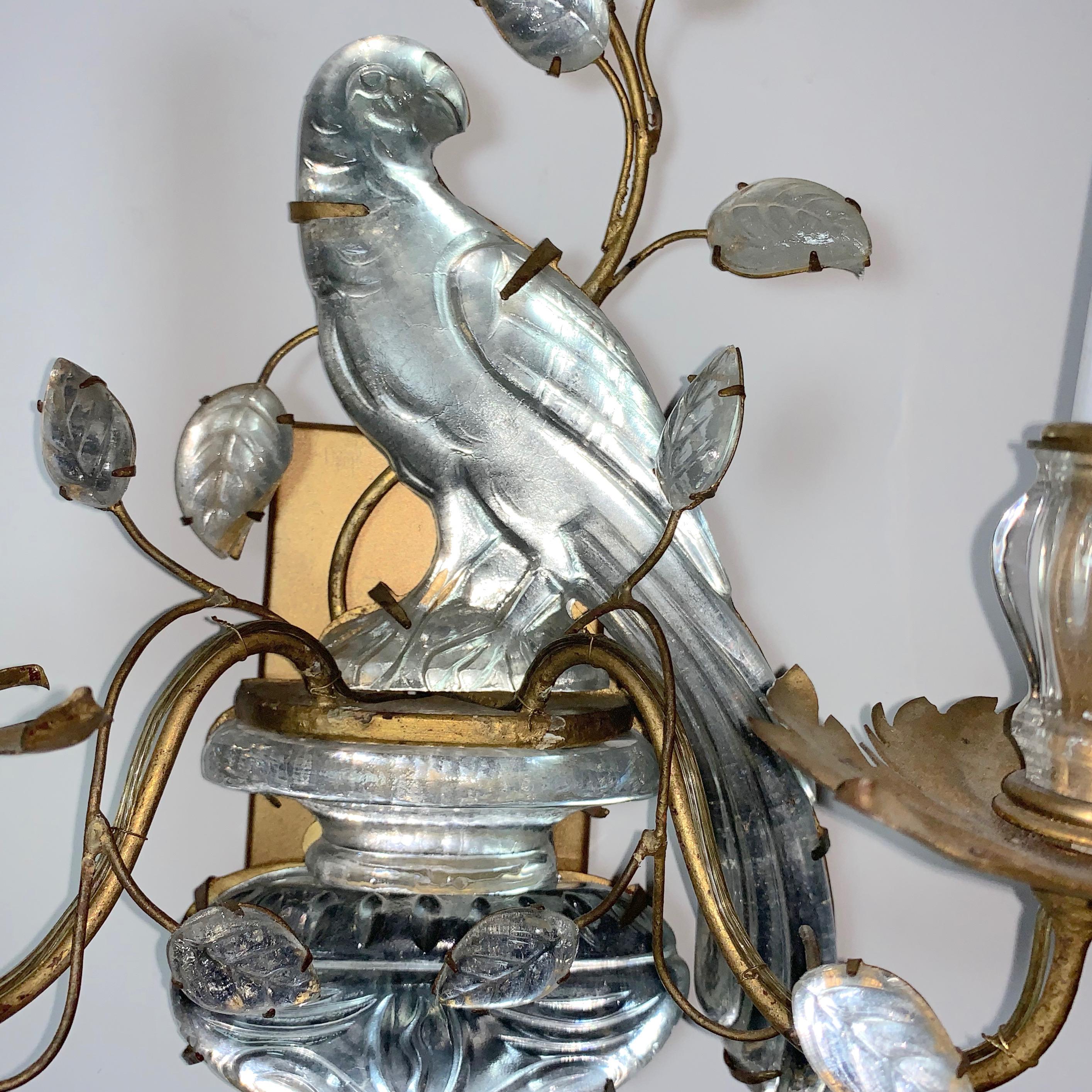 French Maison Baguès Crystal Bird Sconces In Good Condition In New York, NY