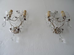 French Maison Baguès Crystal Prisms Flower Beaded Sconces, circa 1920