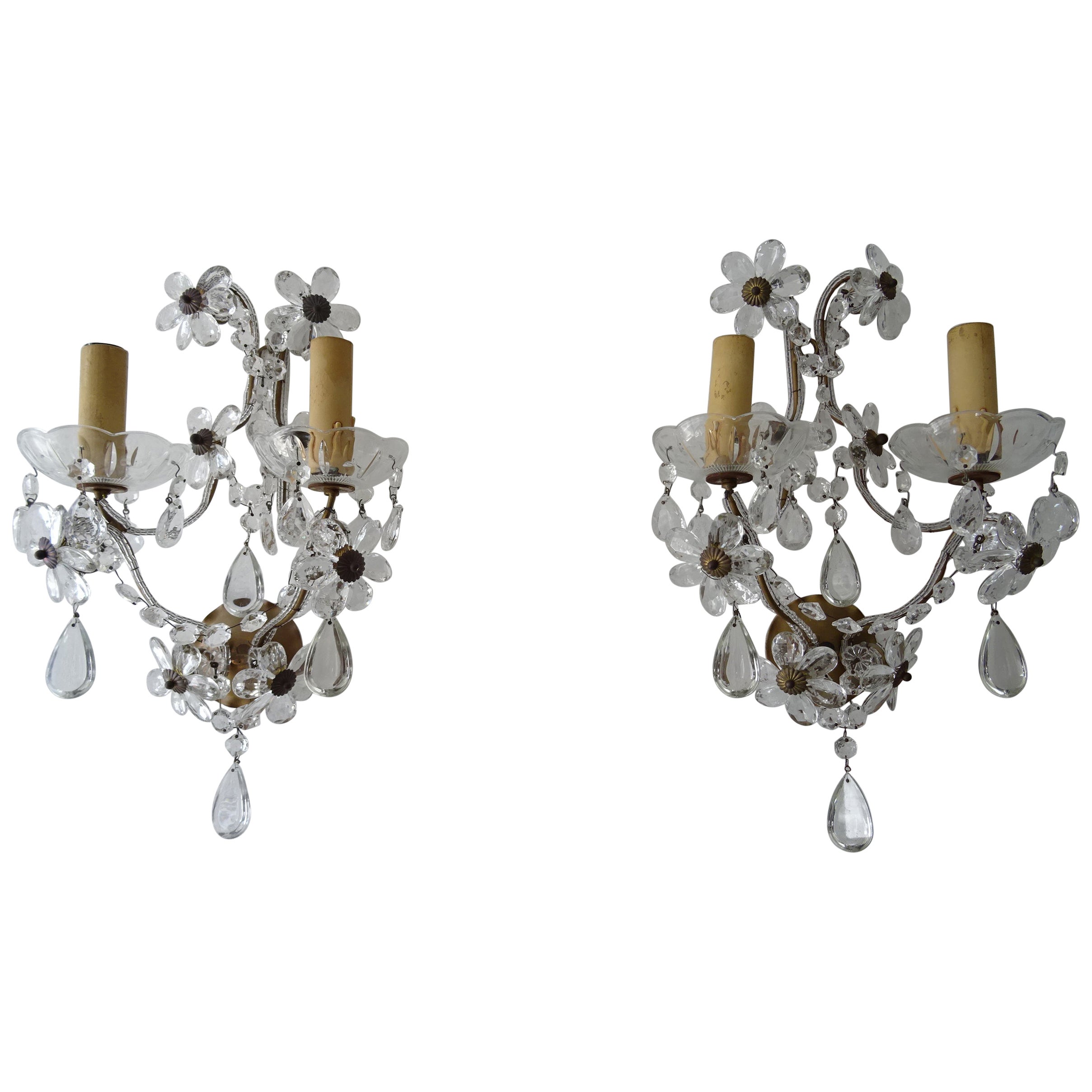 French Maison Baguès Crystal Prisms Flower Beaded Sconces, circa 1920