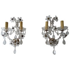 French Maison Baguès Crystal Prisms Flower Beaded Sconces, circa 1920