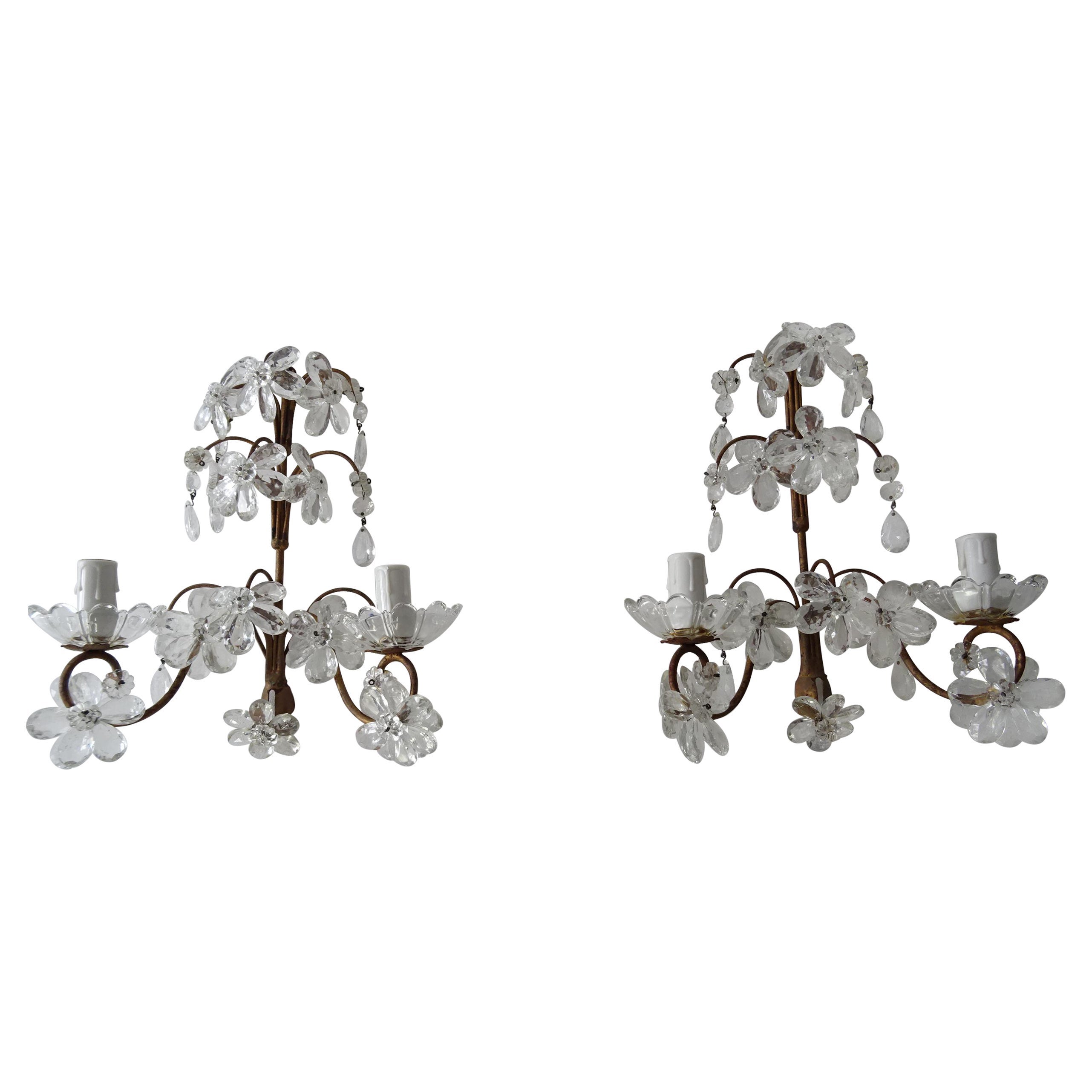 French Maison Baguès Crystal Prisms Flower Sconces, C 1920