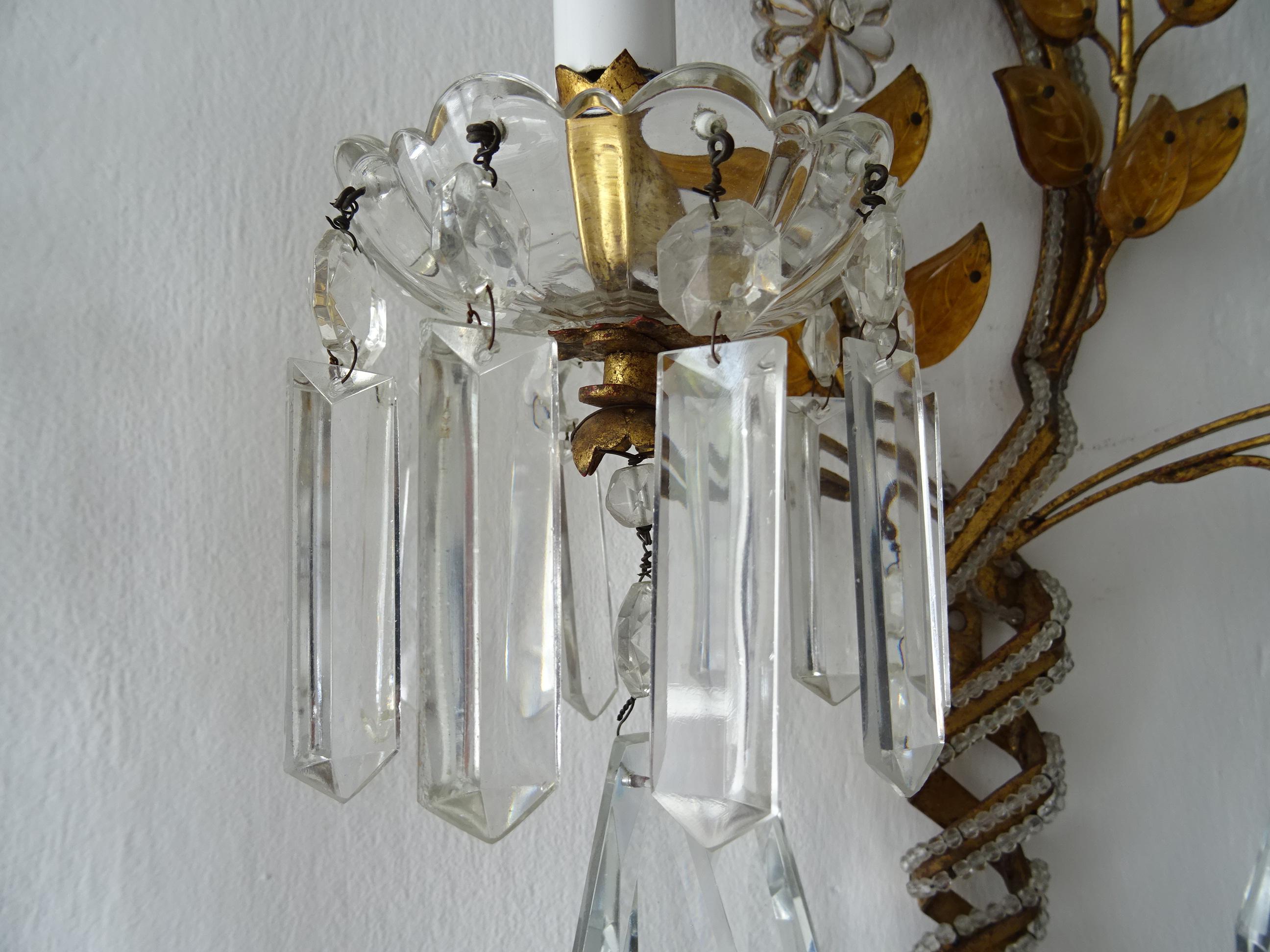 French Maison Baguès Crystal Prisms Leaves Beaded Sconces Signed For Sale 5