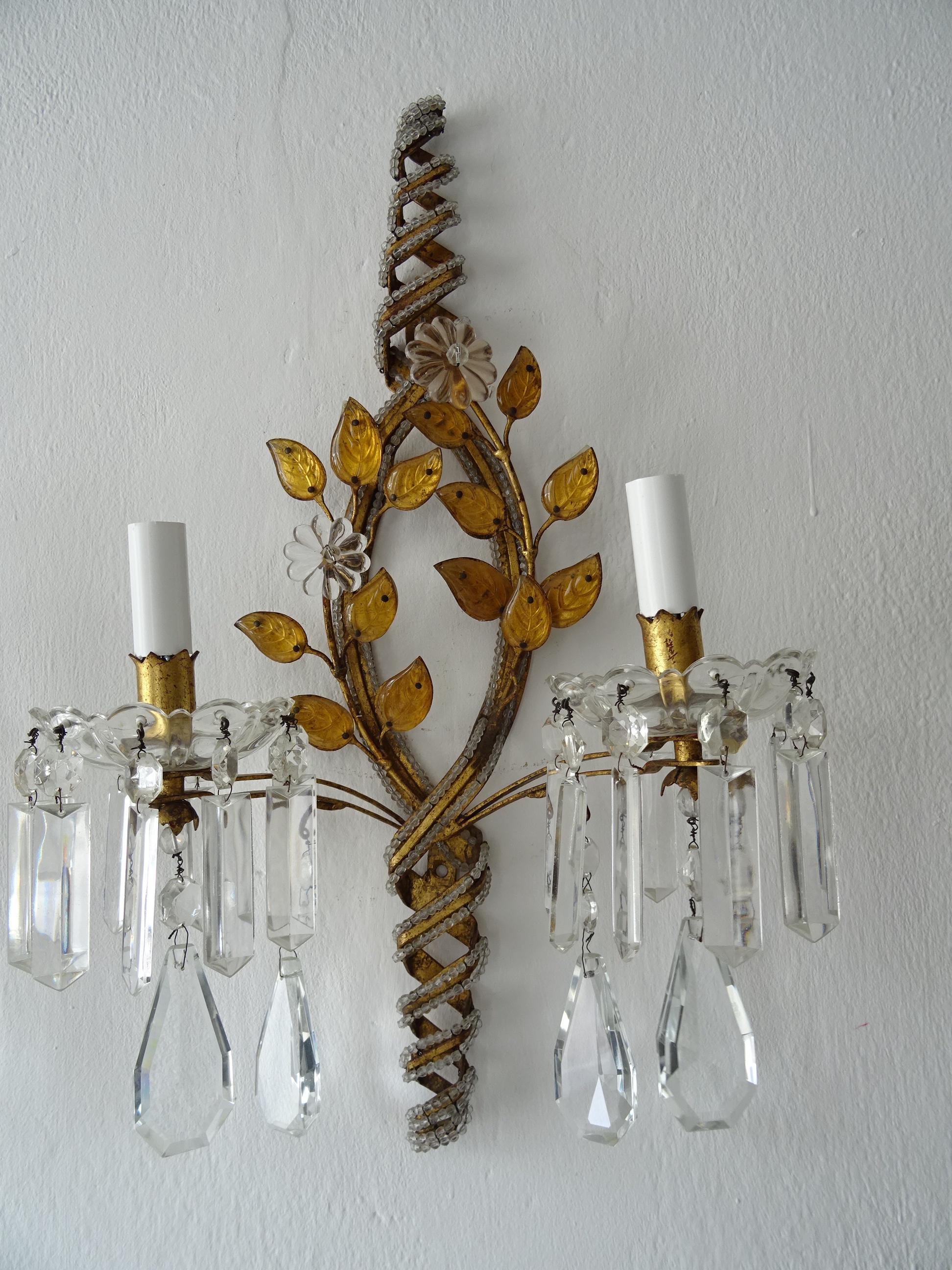 Mid-20th Century French Maison Baguès Crystal Prisms Leaves Beaded Sconces Signed For Sale