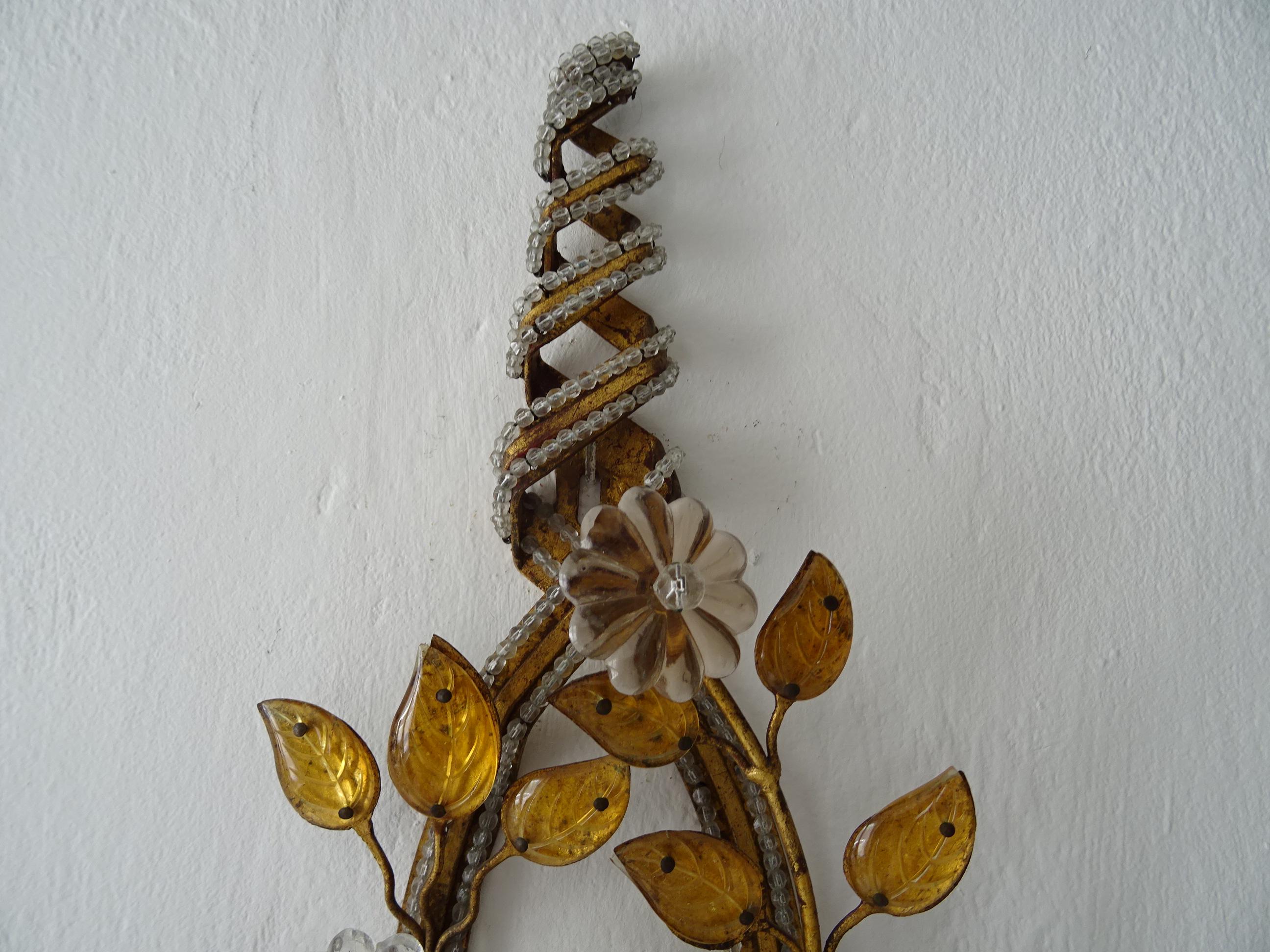 French Maison Baguès Crystal Prisms Leaves Beaded Sconces Signed For Sale 1