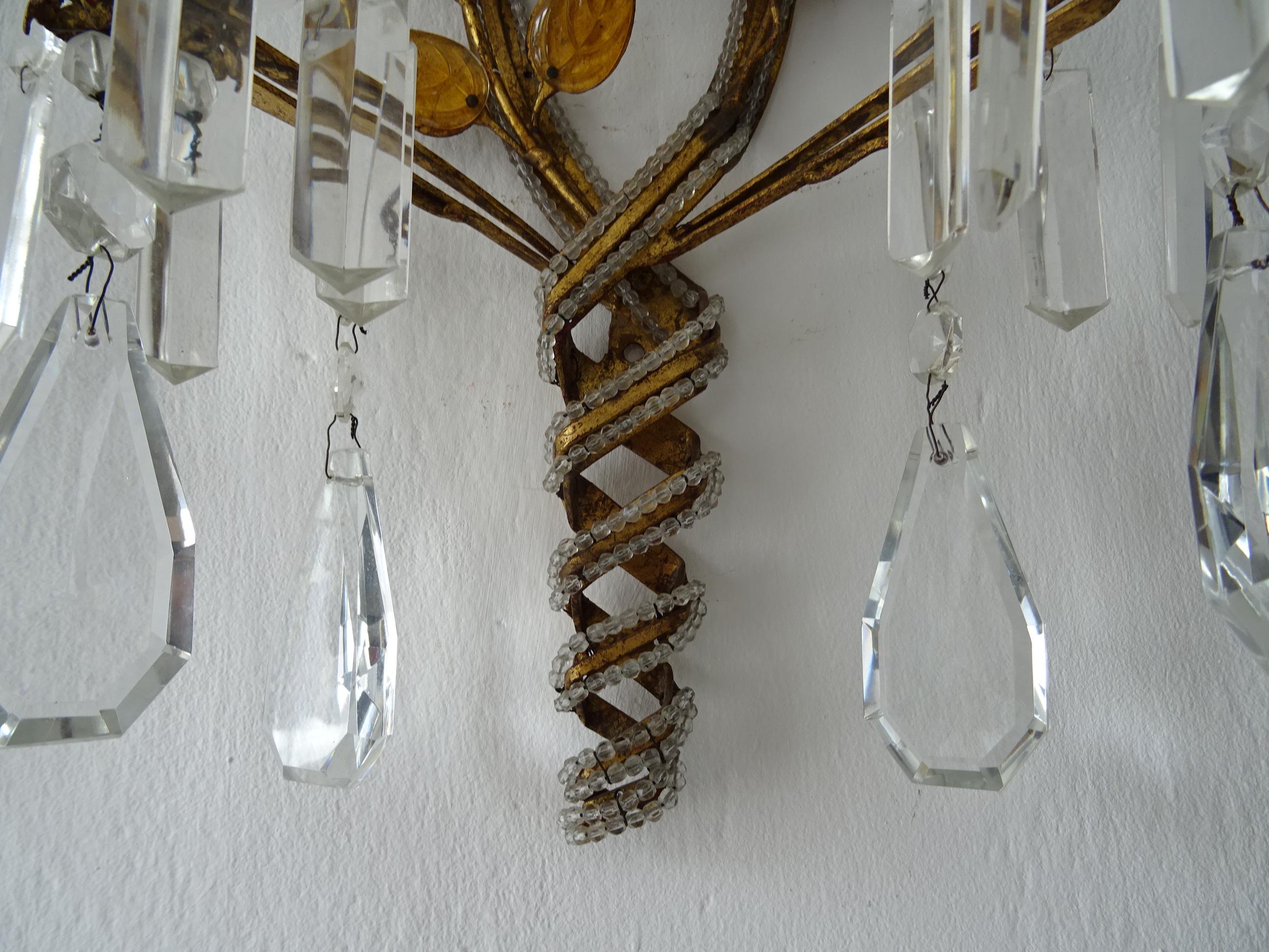 French Maison Baguès Crystal Prisms Leaves Beaded Sconces Signed For Sale 2