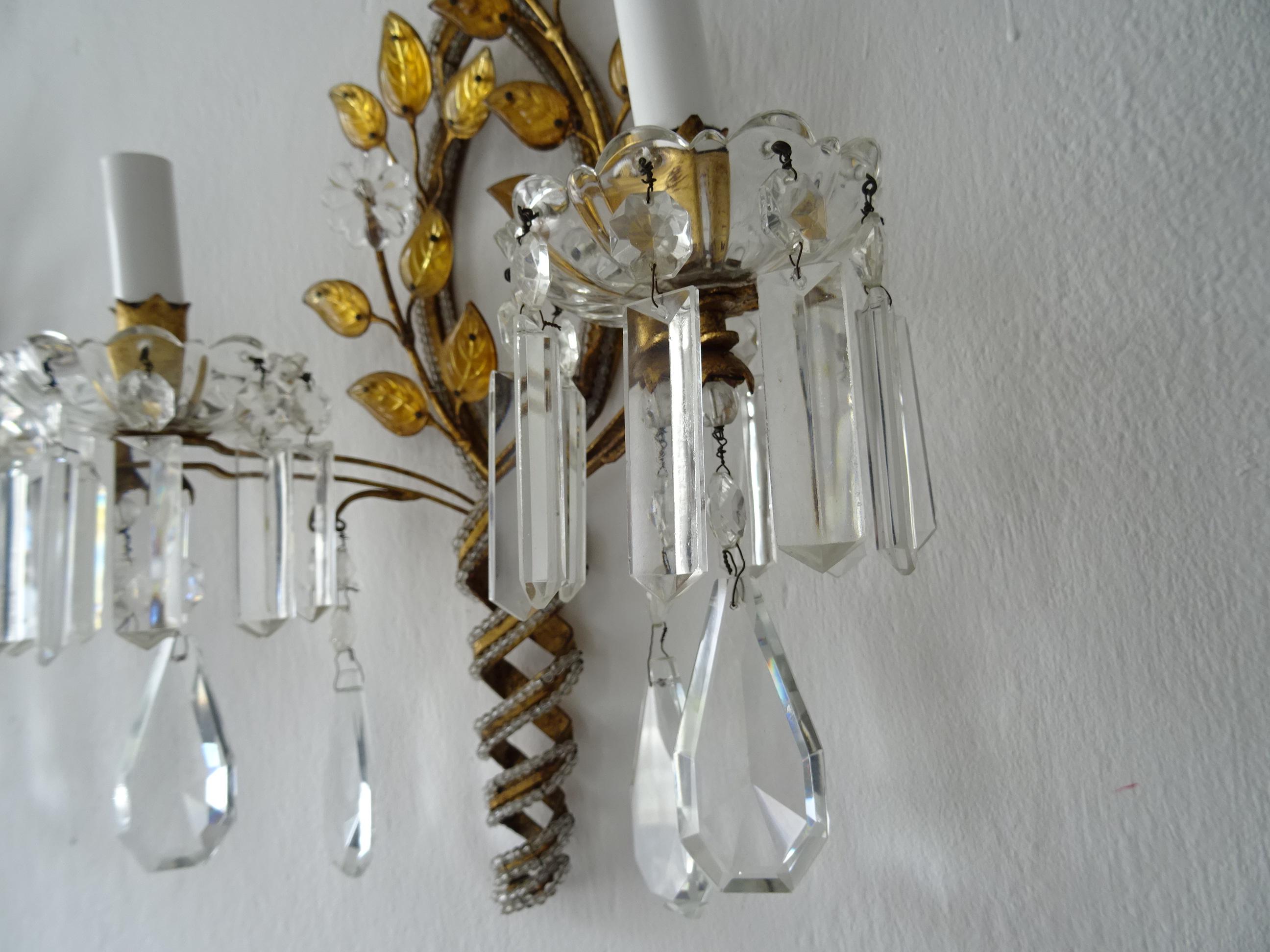 French Maison Baguès Crystal Prisms Leaves Beaded Sconces Signed For Sale 3
