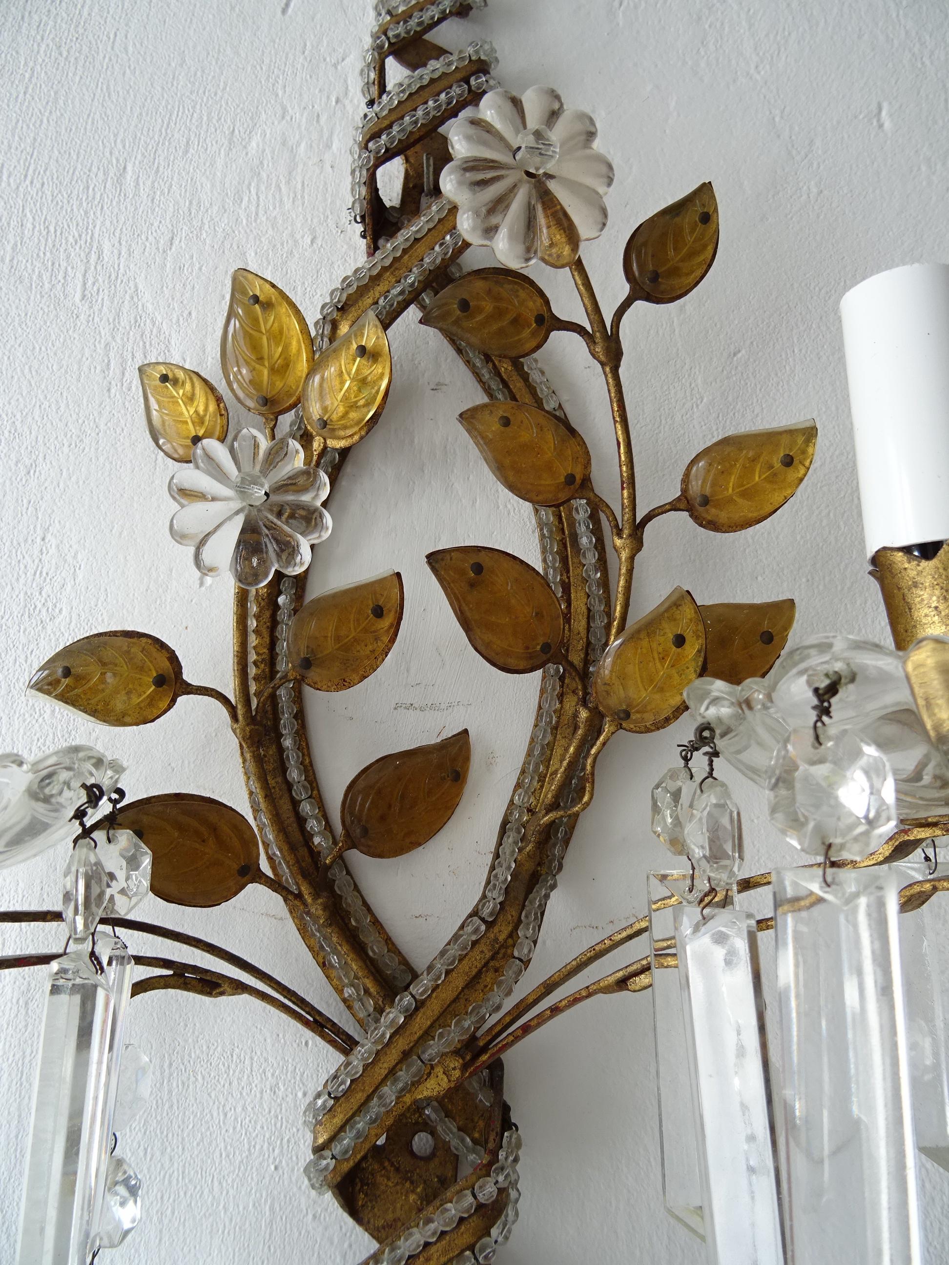 French Maison Baguès Crystal Prisms Leaves Beaded Sconces Signed For Sale 4