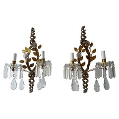 French Maison Baguès Crystal Prisms Leaves Beaded Sconces Signed