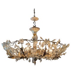 Vintage French Maison Bagues Gilt Tole and Crystal Flower Chandelier
