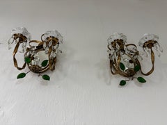 French Maison Baguès Green Colored Leaves Floral Crystal Prisms Bows Sconces