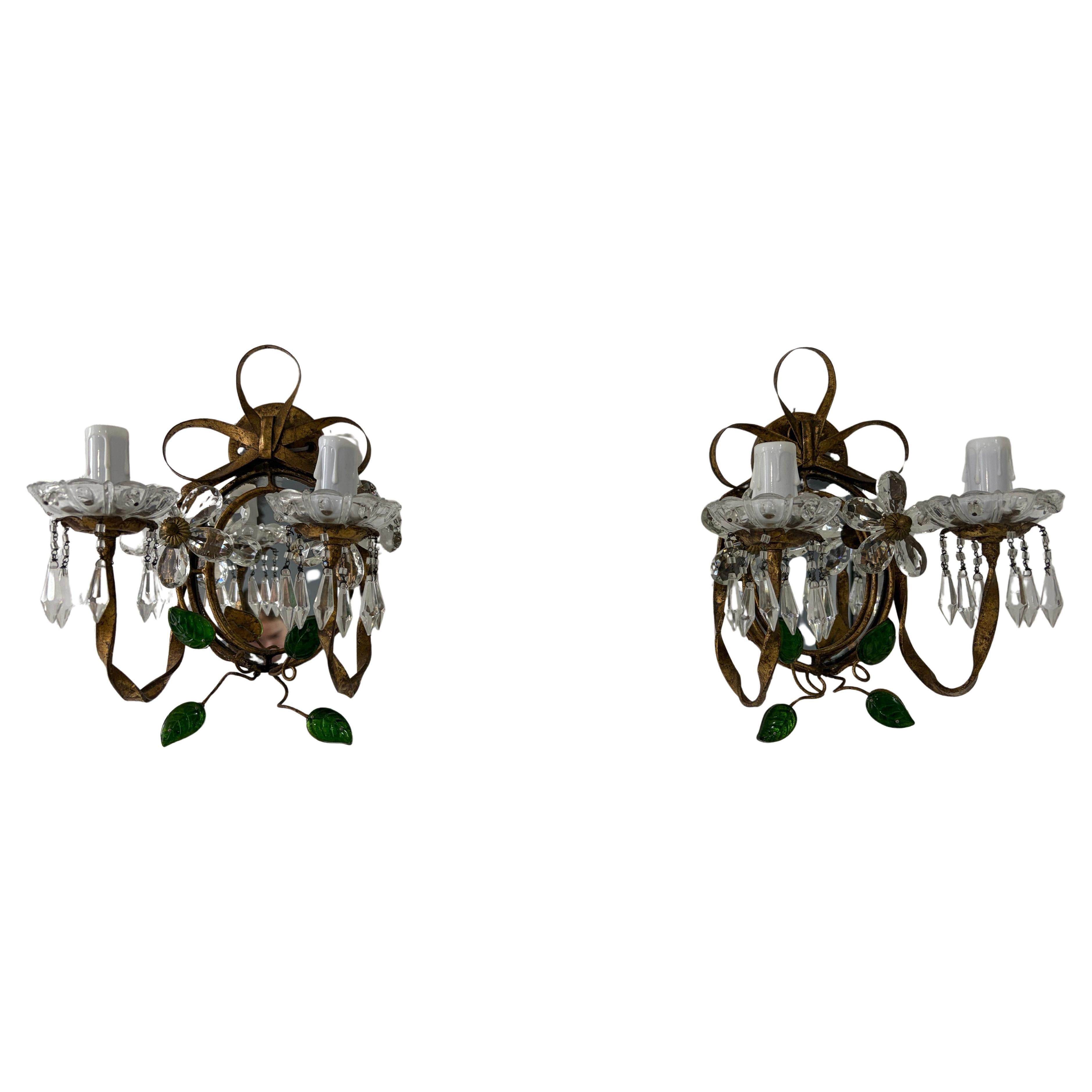 French Maison Baguès Green Colored Leaves Floral Crystal Prisms Bows Sconces