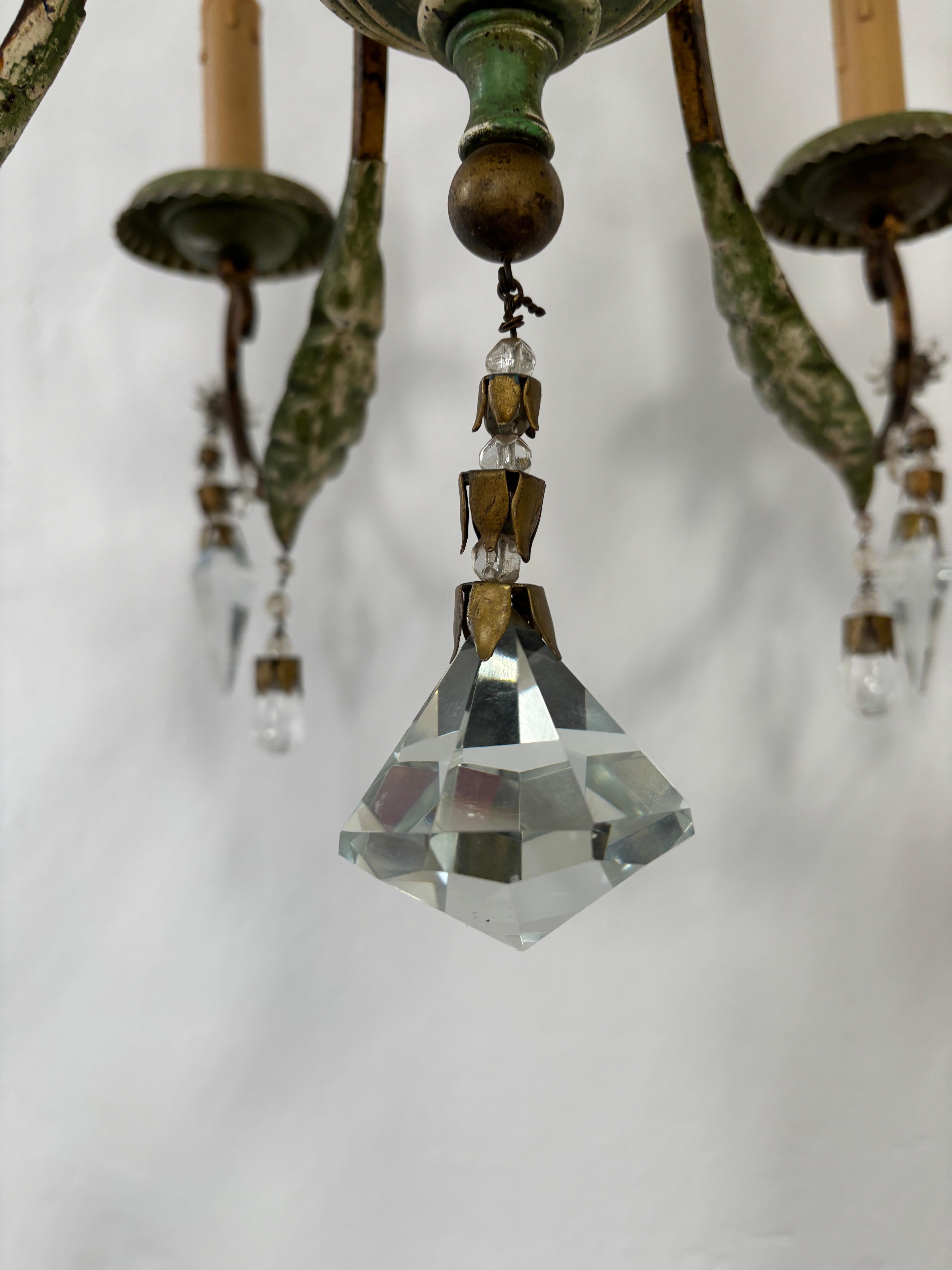 French Maison Bagues Green Gilt Polychrome Iron Beaded Crystal Chandelier For Sale 6