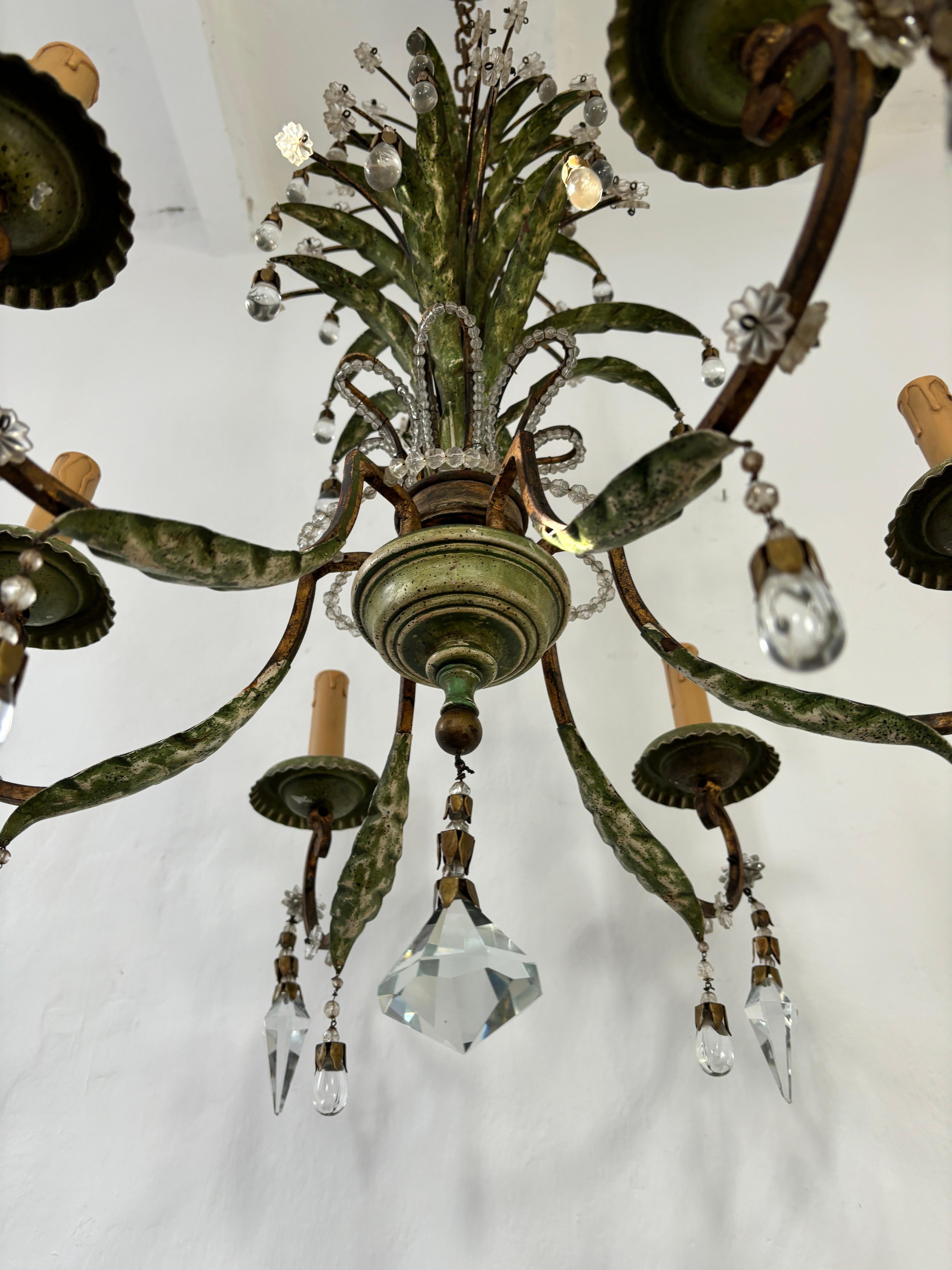 French Maison Bagues Green Gilt Polychrome Iron Beaded Crystal Chandelier For Sale 7