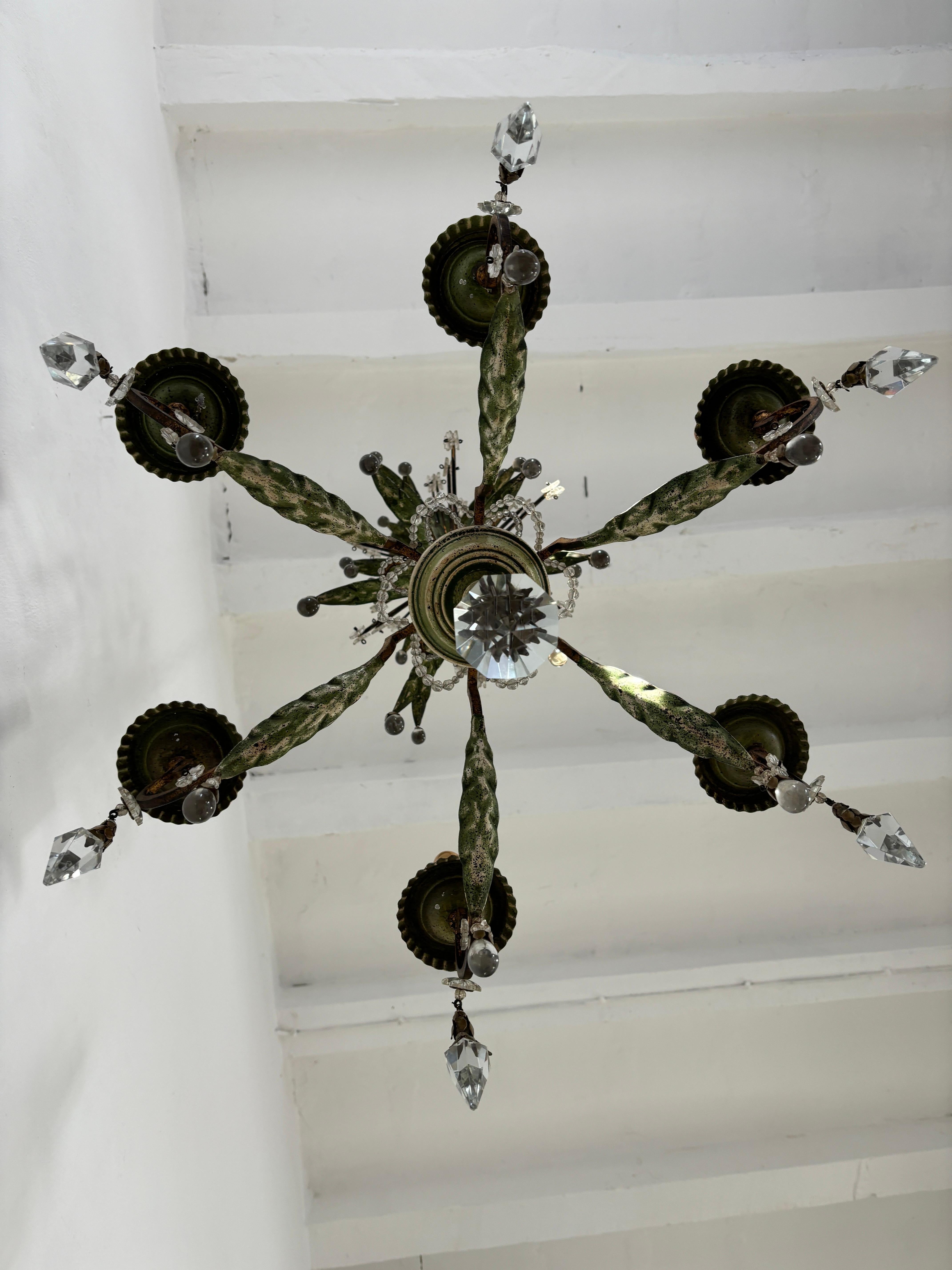 French Maison Bagues Green Gilt Polychrome Iron Beaded Crystal Chandelier For Sale 9