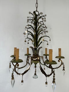 French Maison Bagues Green Gilt Polychrome Iron Beaded Crystal Chandelier