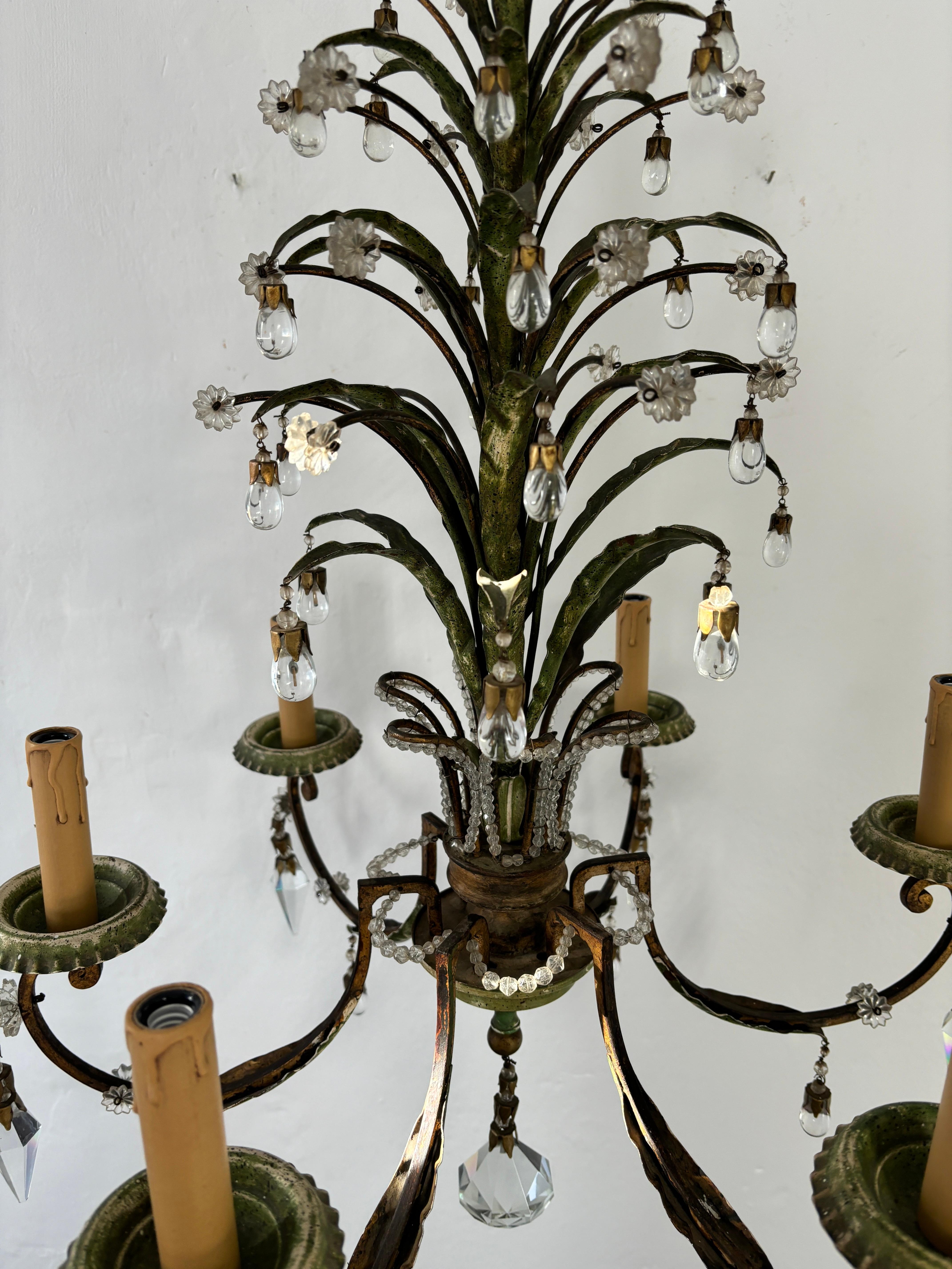 French Maison Bagues Green Gilt Polychrome Iron Beaded Crystal Chandelier For Sale 3