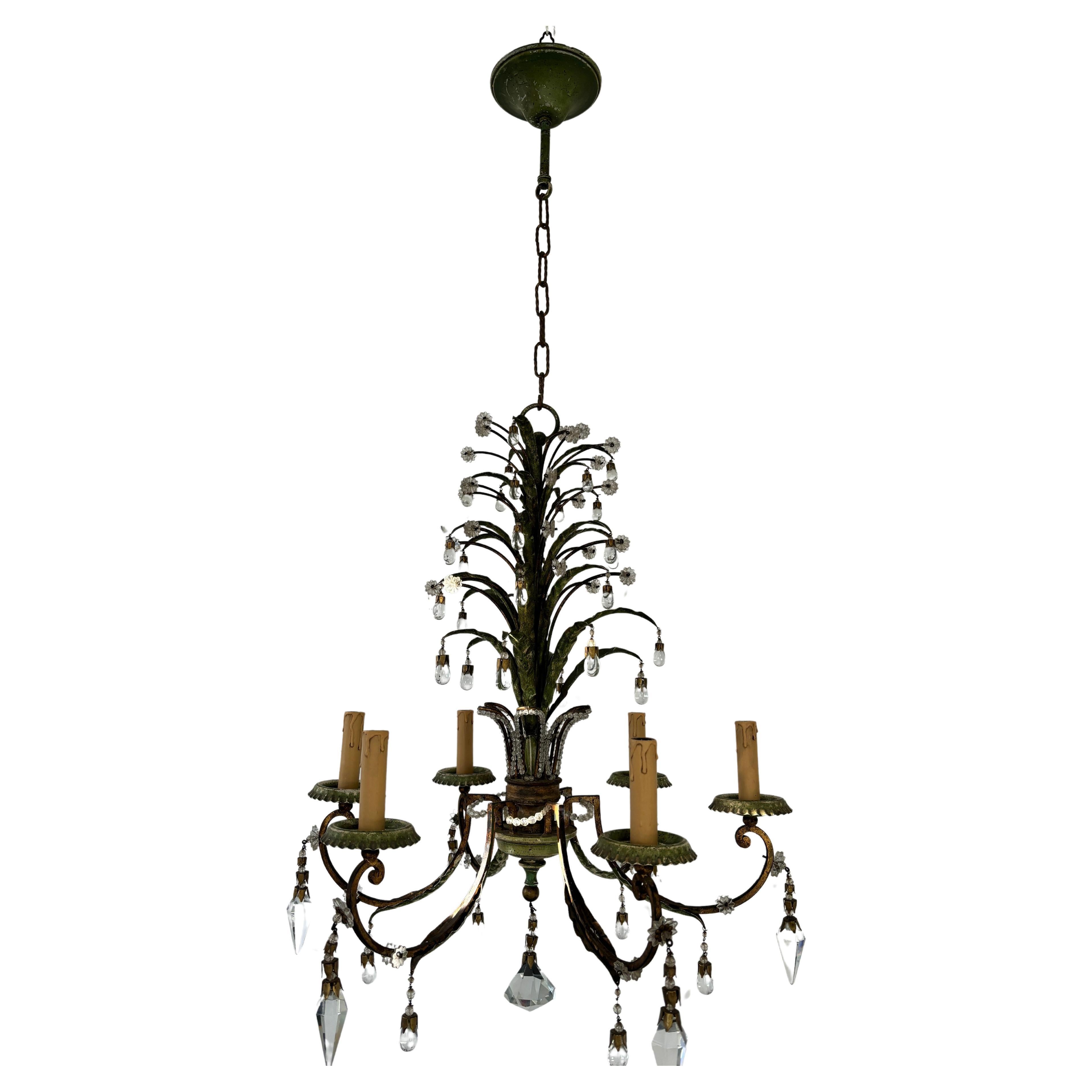 French Maison Bagues Green Gilt Polychrome Iron Beaded Crystal Chandelier For Sale