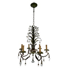 Vintage French Maison Bagues Green Gilt Polychrome Iron Beaded Crystal Chandelier