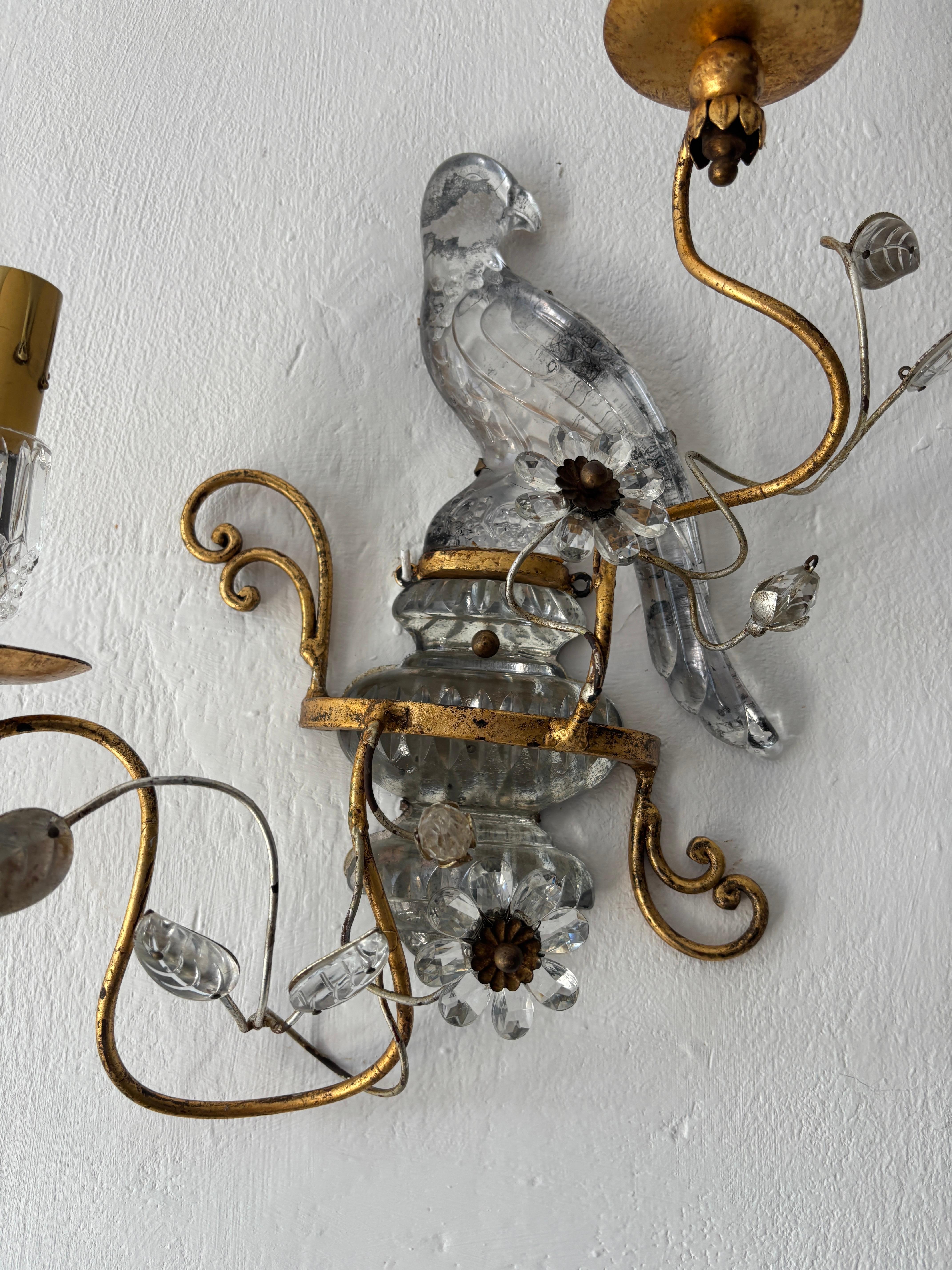 French Maison Bagues Parrot Crystal Bird Flower Sconces Signed For Sale 6