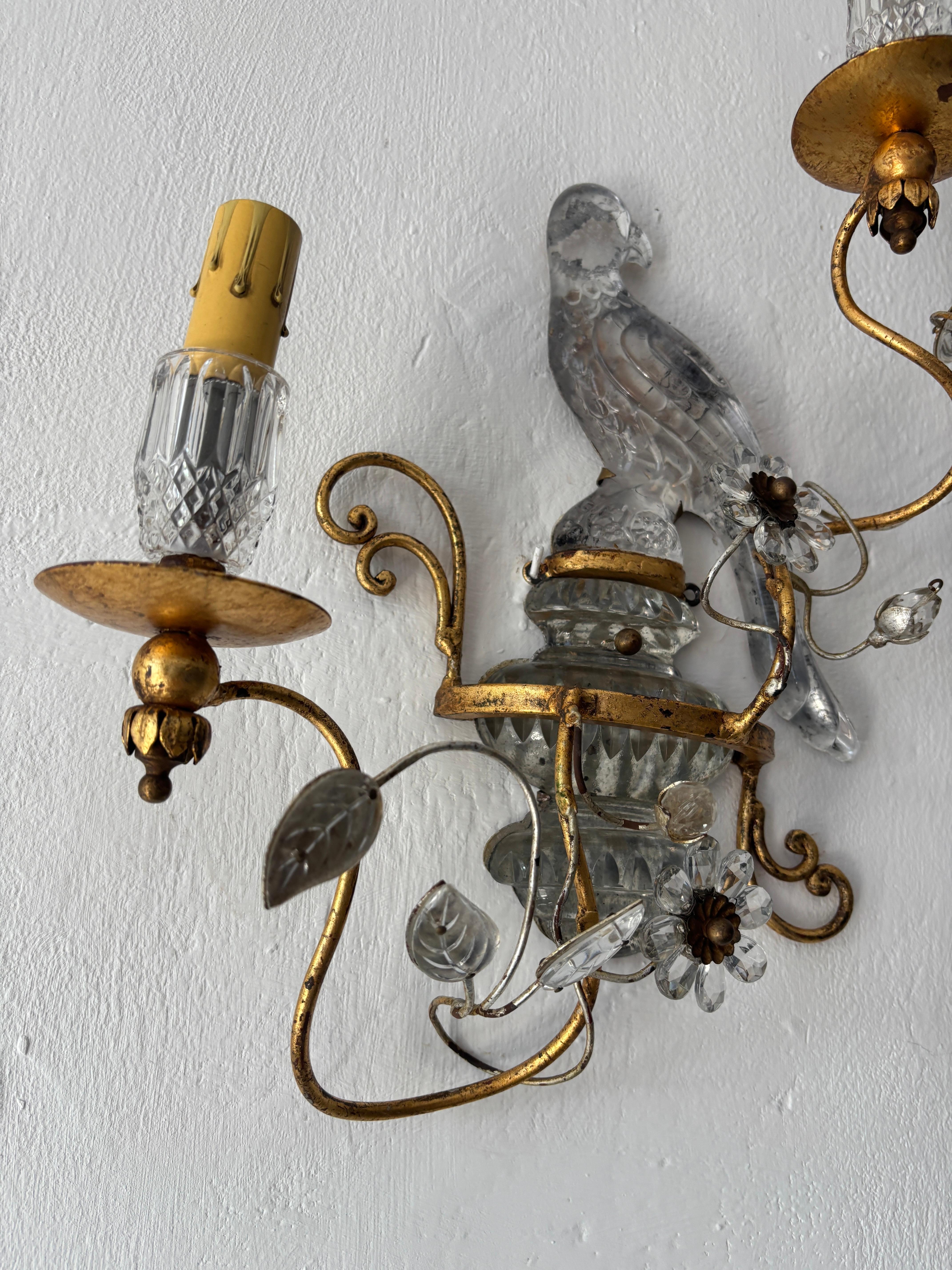 French Maison Bagues Parrot Crystal Bird Flower Sconces Signed For Sale 8