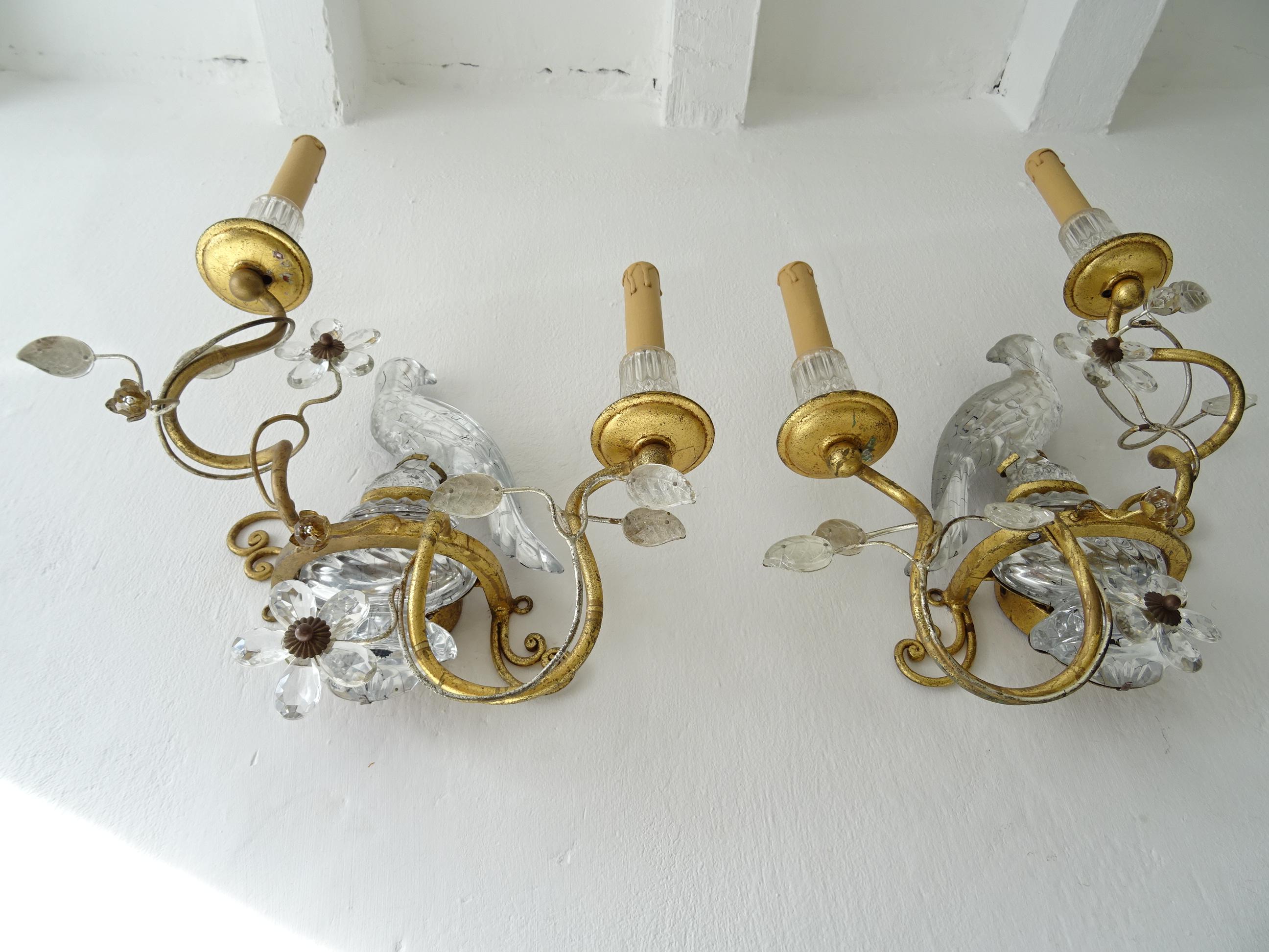 Pair signed Maison Bagues double arm sconces. These will be newly rewired with certified US UL sockets for the USA and appropriate sockets for all other countries and ready to hang. Two crystal bulb holders, flowers and parrots in glass. Each have