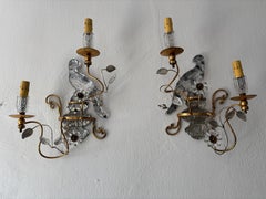 French Maison Bagues Parrot Crystal Bird Flower Sconces Signed