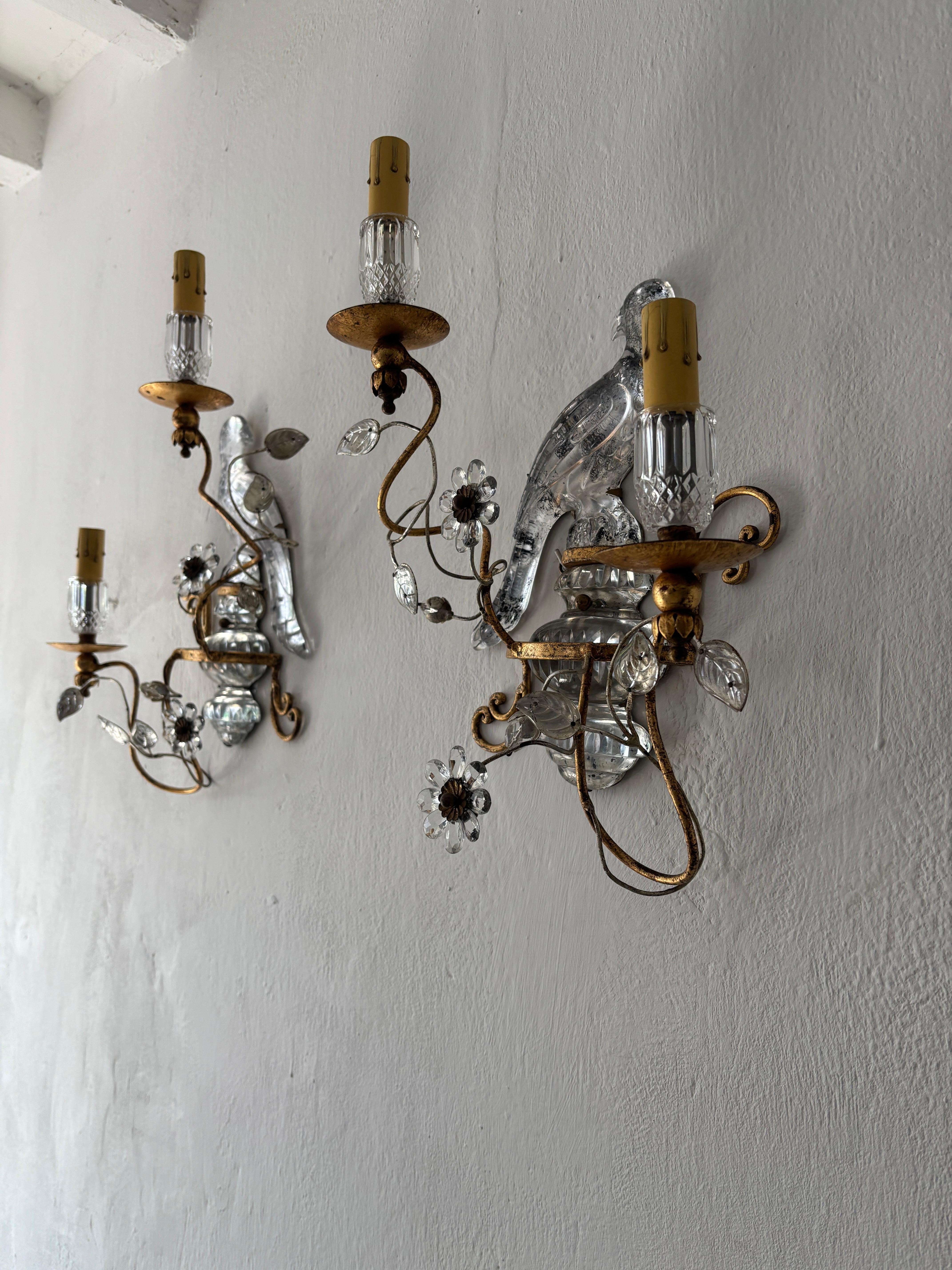 Mid-20th Century French Maison Bagues Parrot Crystal Bird Flower Sconces Signed For Sale