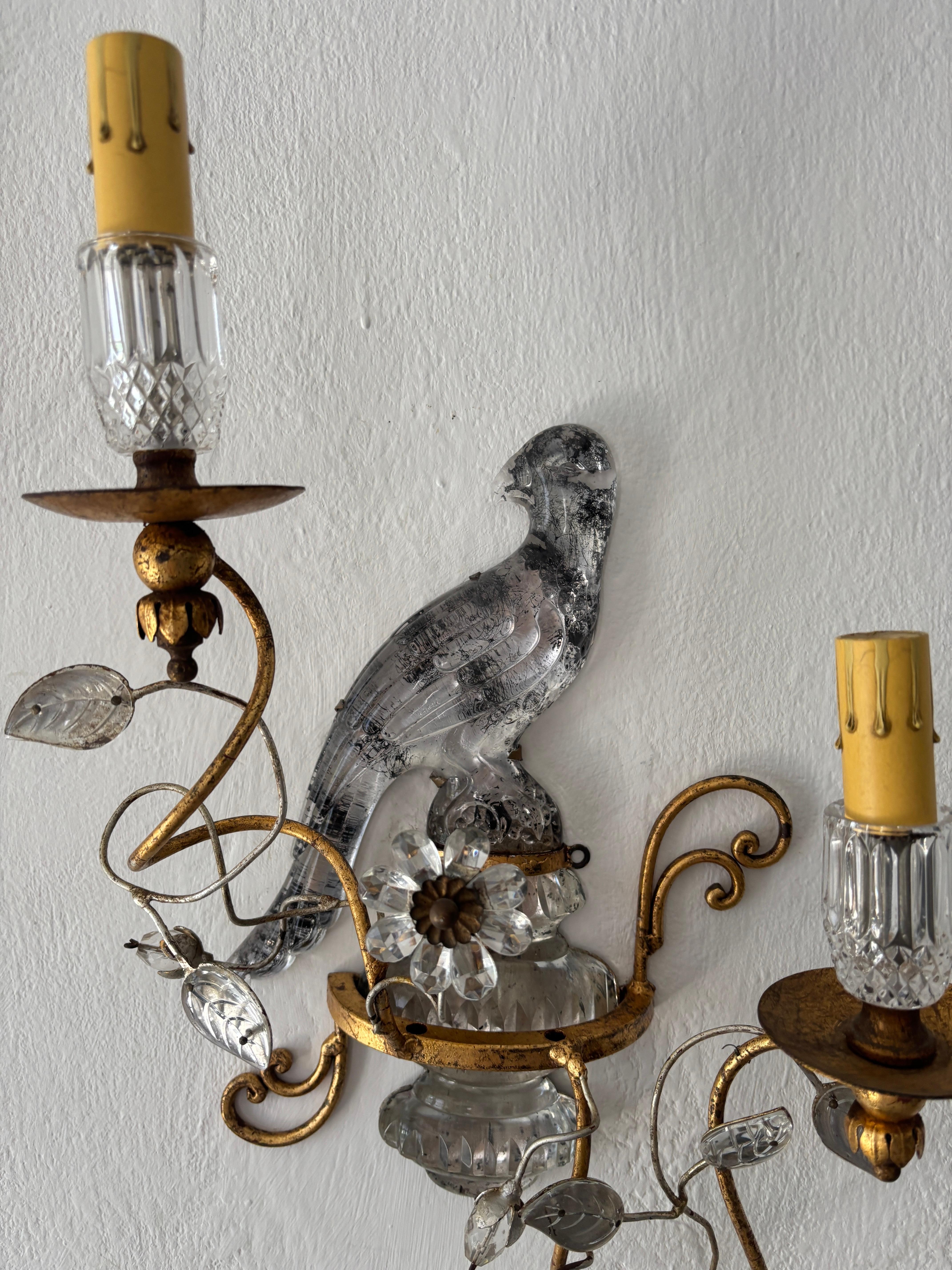 French Maison Bagues Parrot Crystal Bird Flower Sconces Signed For Sale 1