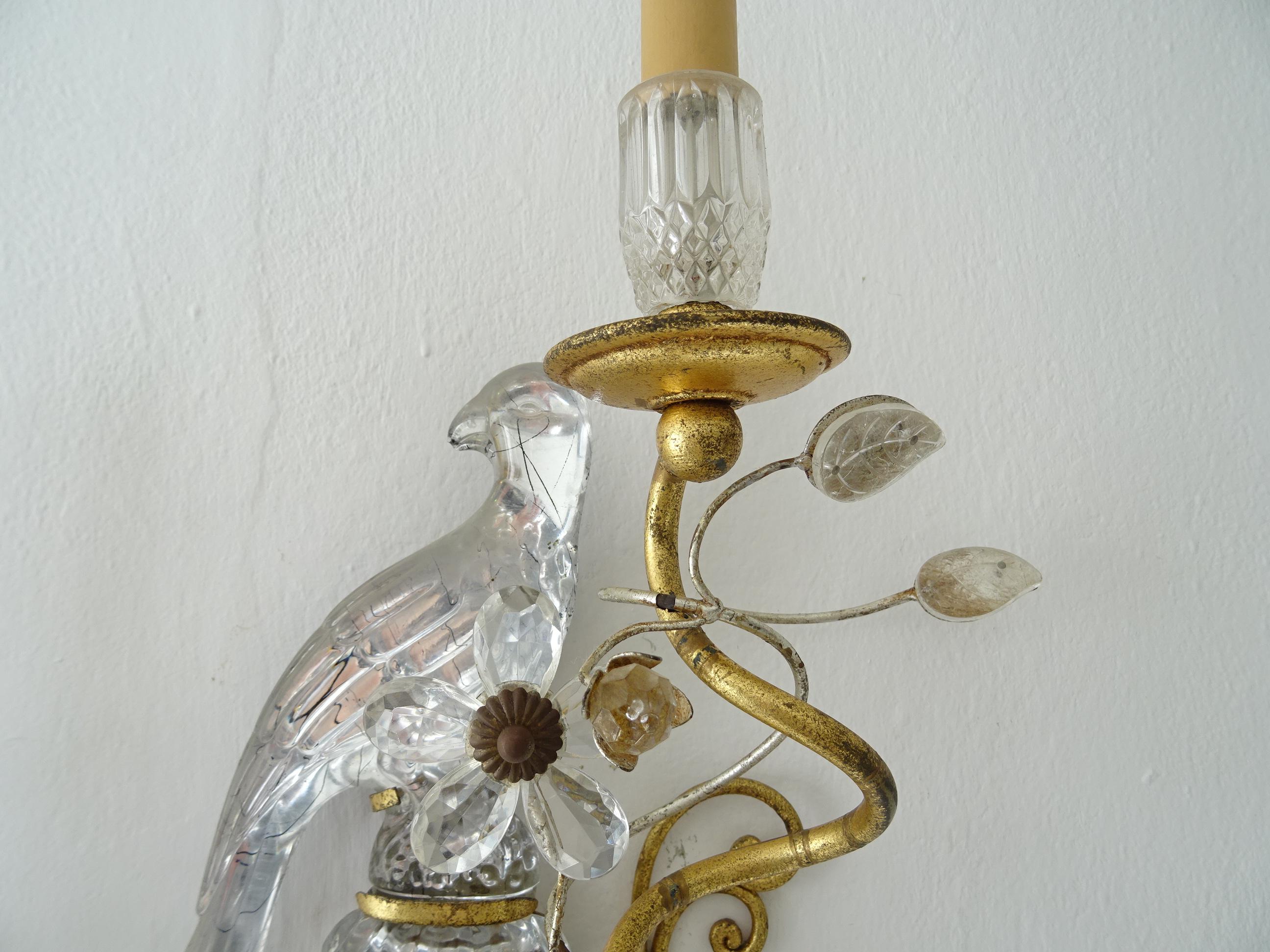 Mid-20th Century French Maison Bagues Parrot Crystal Bird Flower Sconces Signed