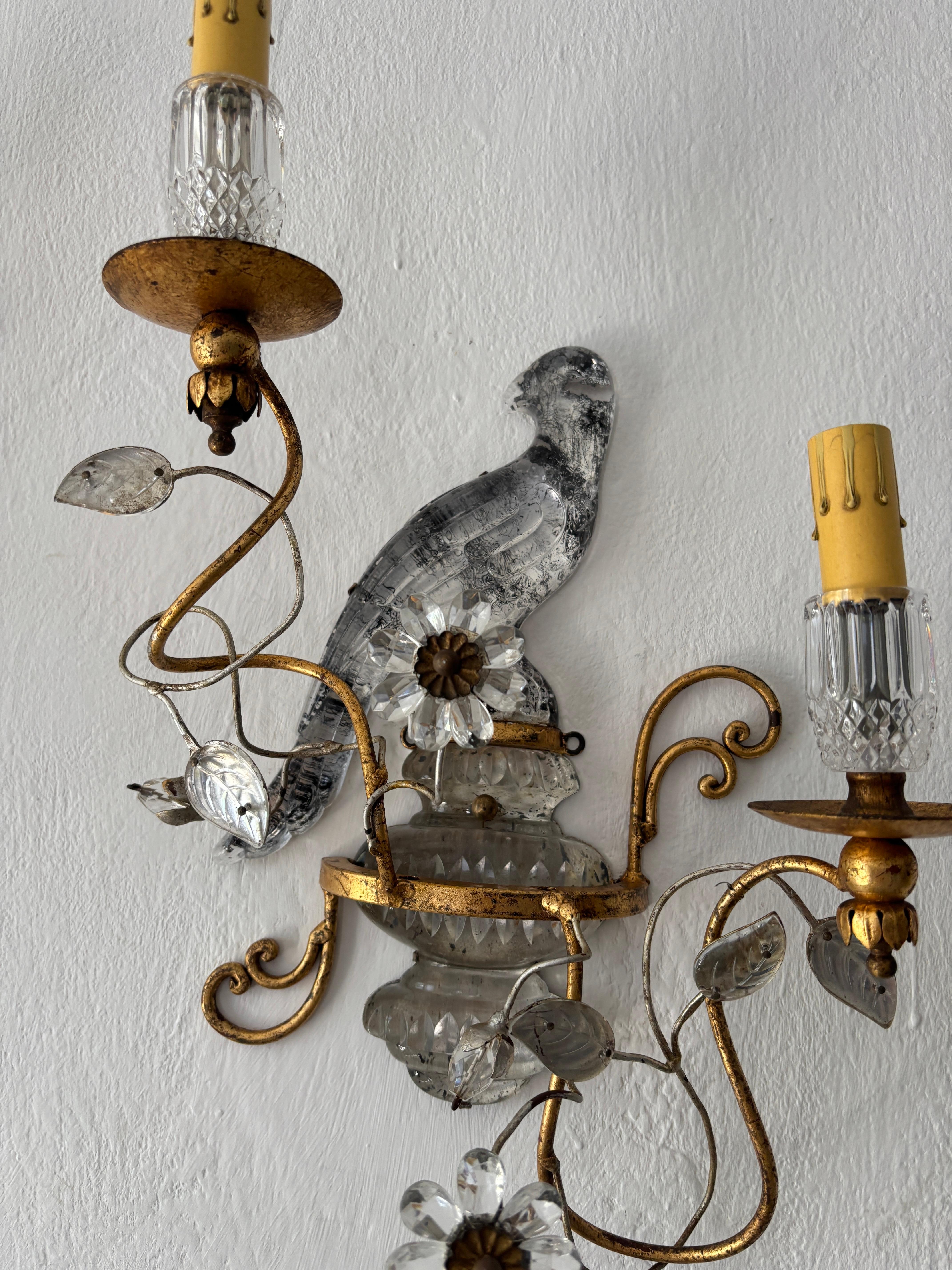French Maison Bagues Parrot Crystal Bird Flower Sconces Signed For Sale 2