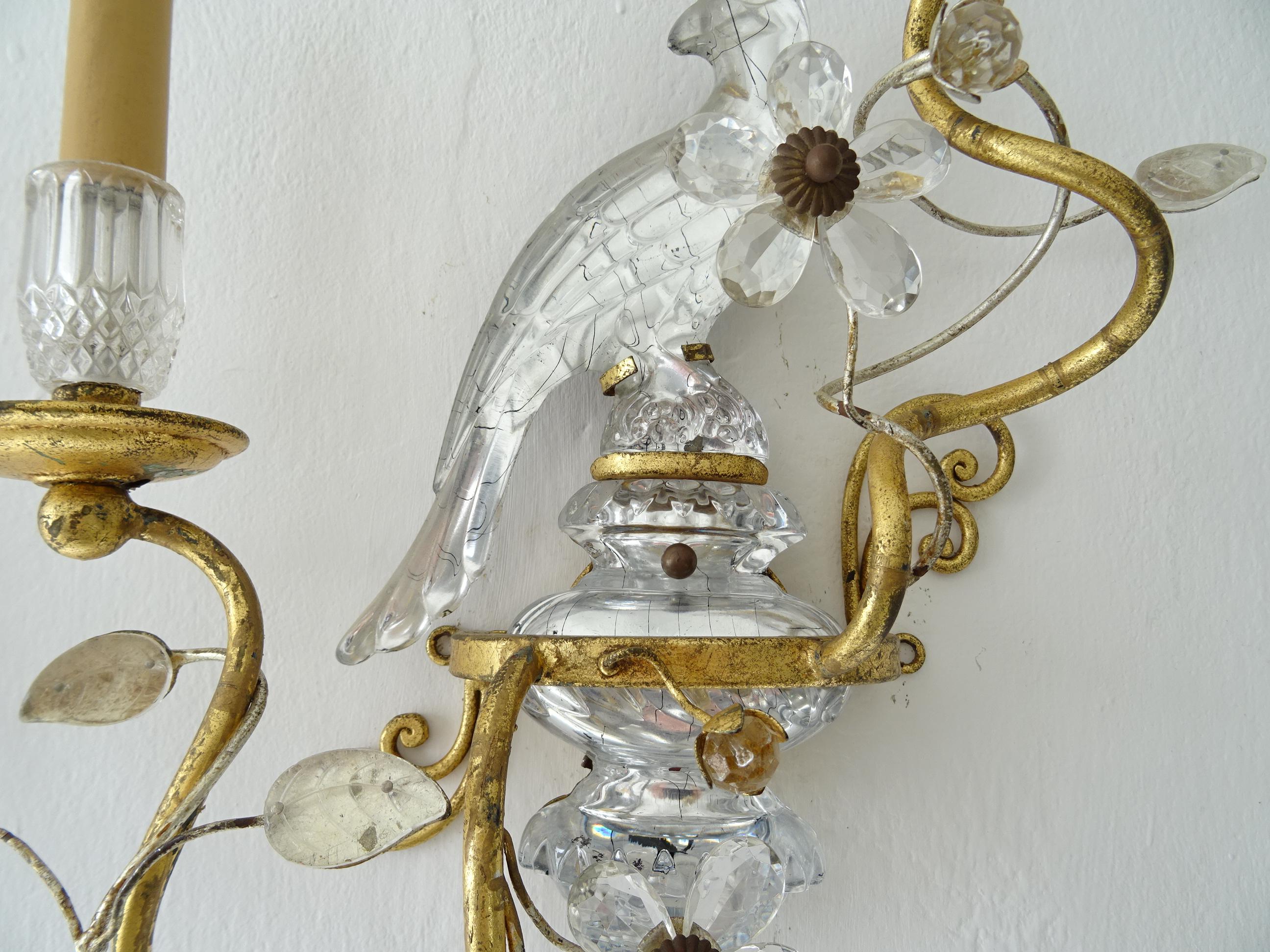French Maison Bagues Parrot Crystal Bird Flower Sconces Signed 1