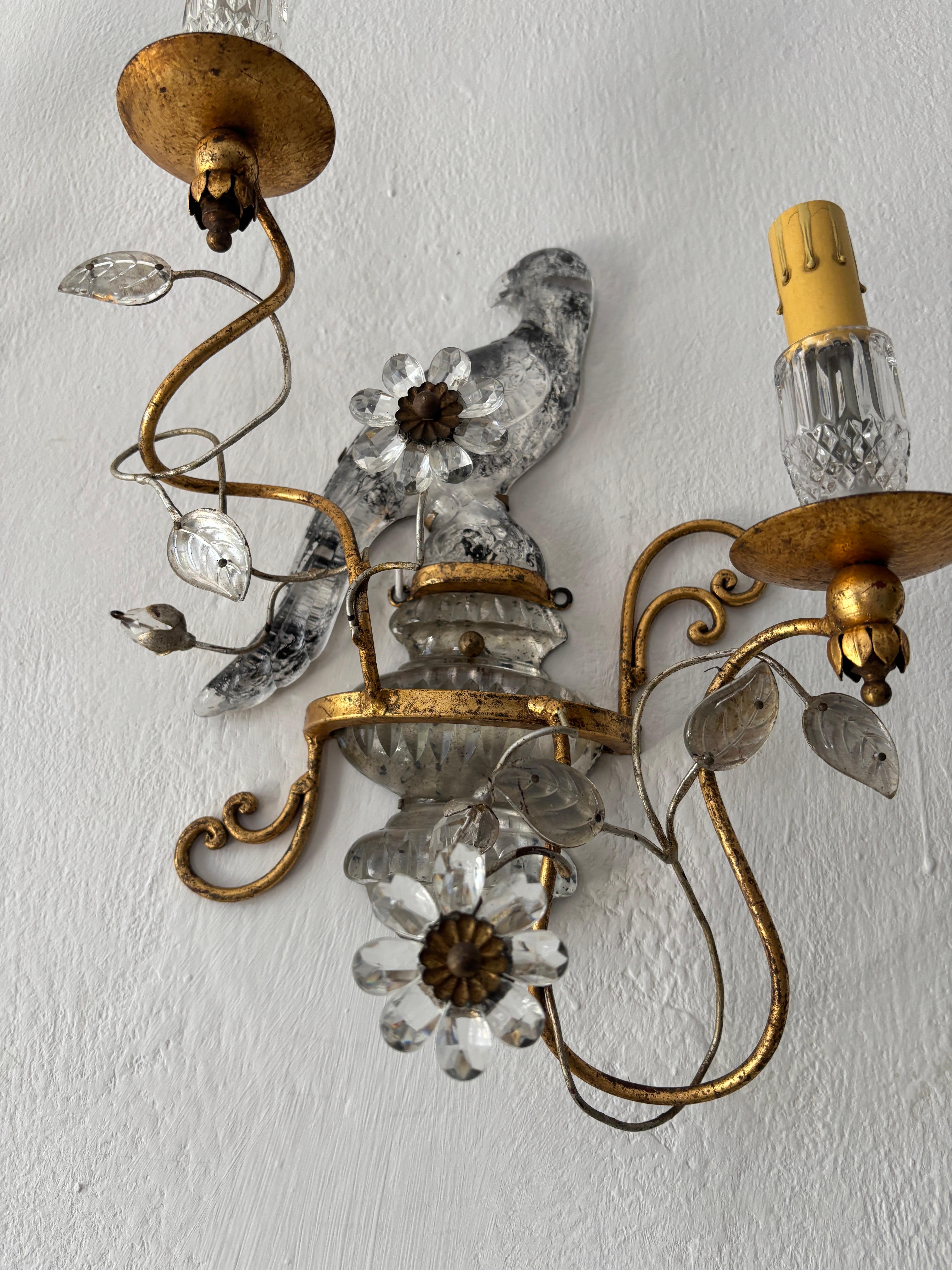 French Maison Bagues Parrot Crystal Bird Flower Sconces Signed For Sale 3