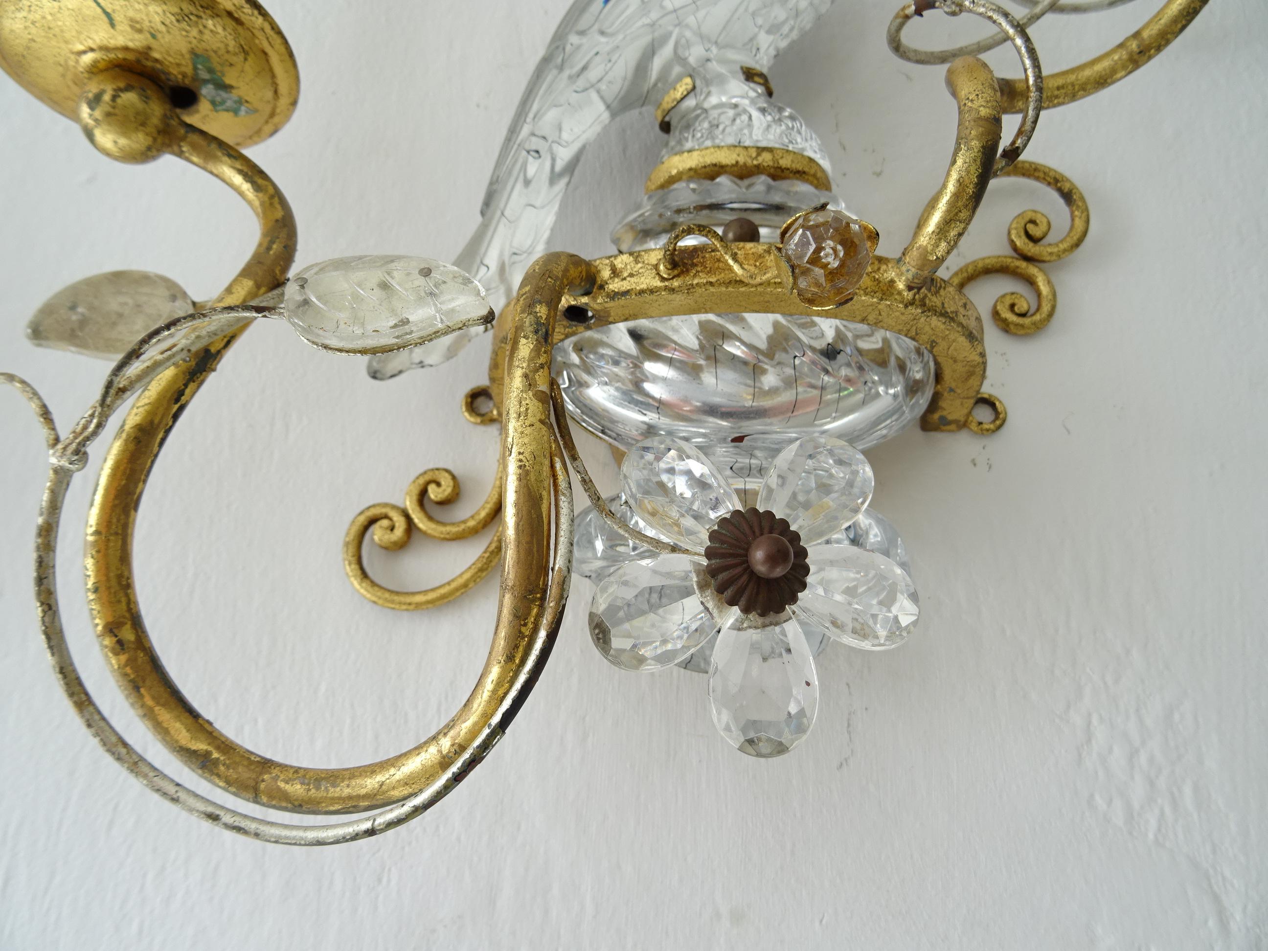 French Maison Bagues Parrot Crystal Bird Flower Sconces Signed 2