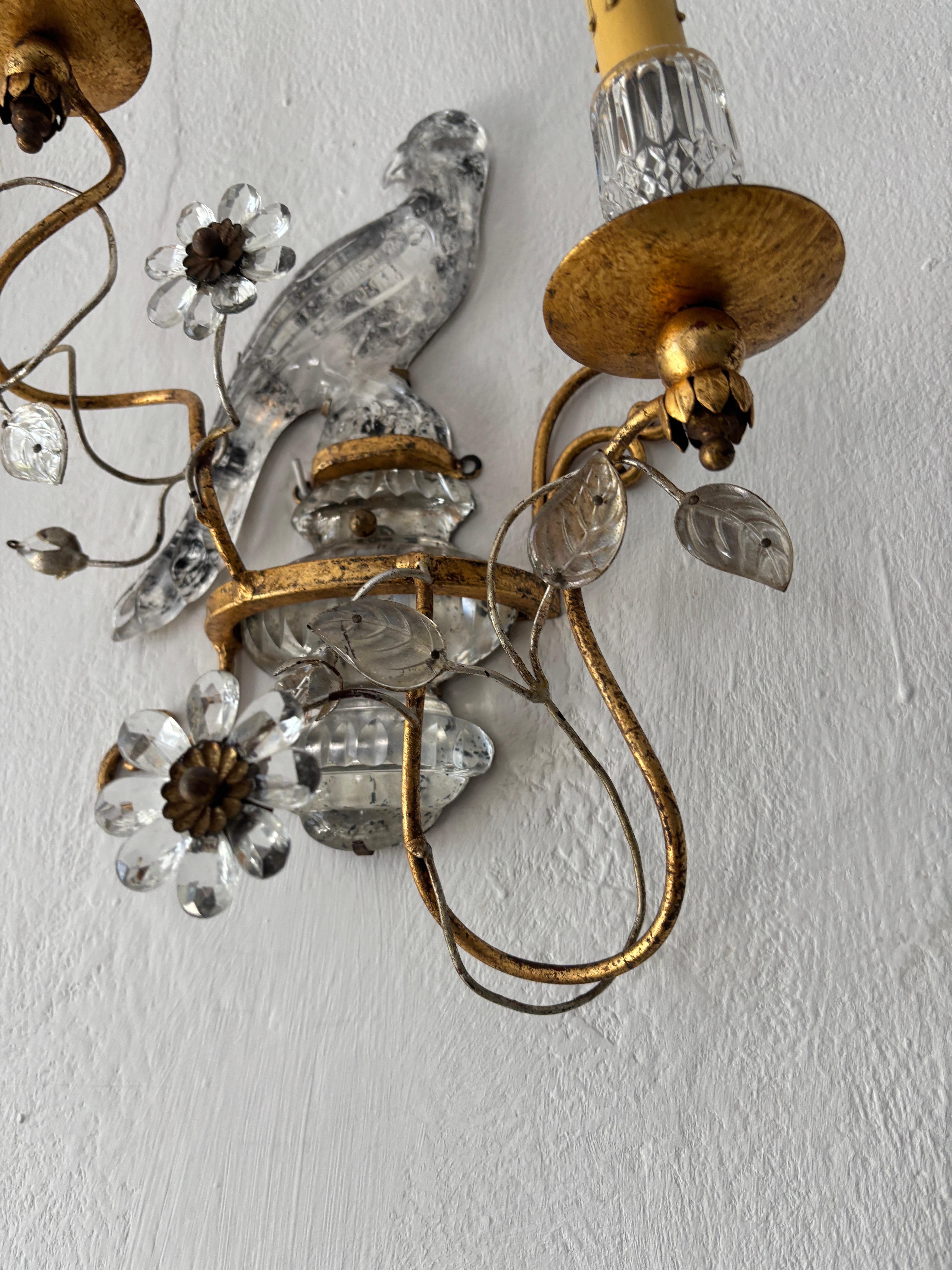 French Maison Bagues Parrot Crystal Bird Flower Sconces Signed For Sale 4