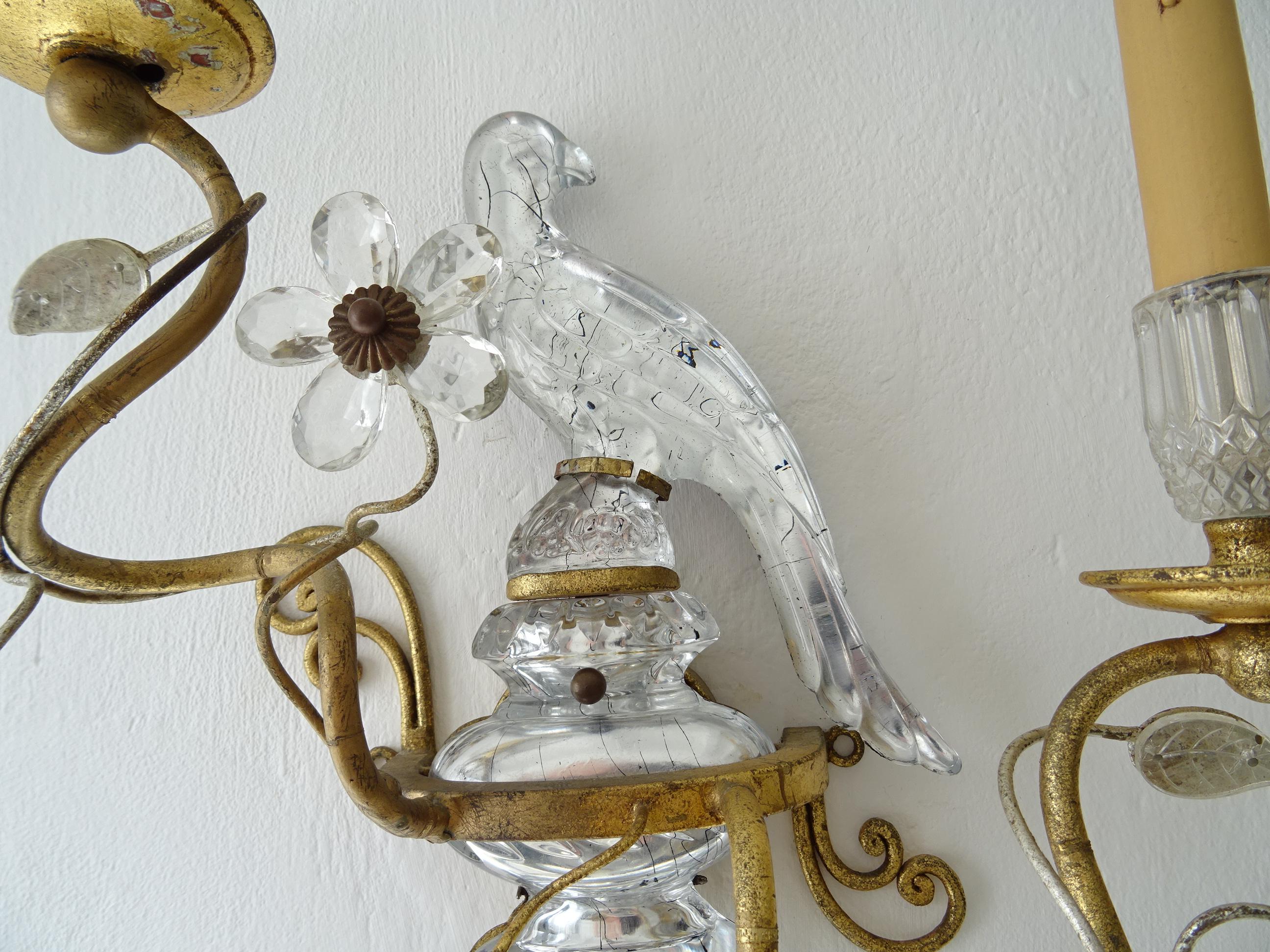 French Maison Bagues Parrot Crystal Bird Flower Sconces Signed 3