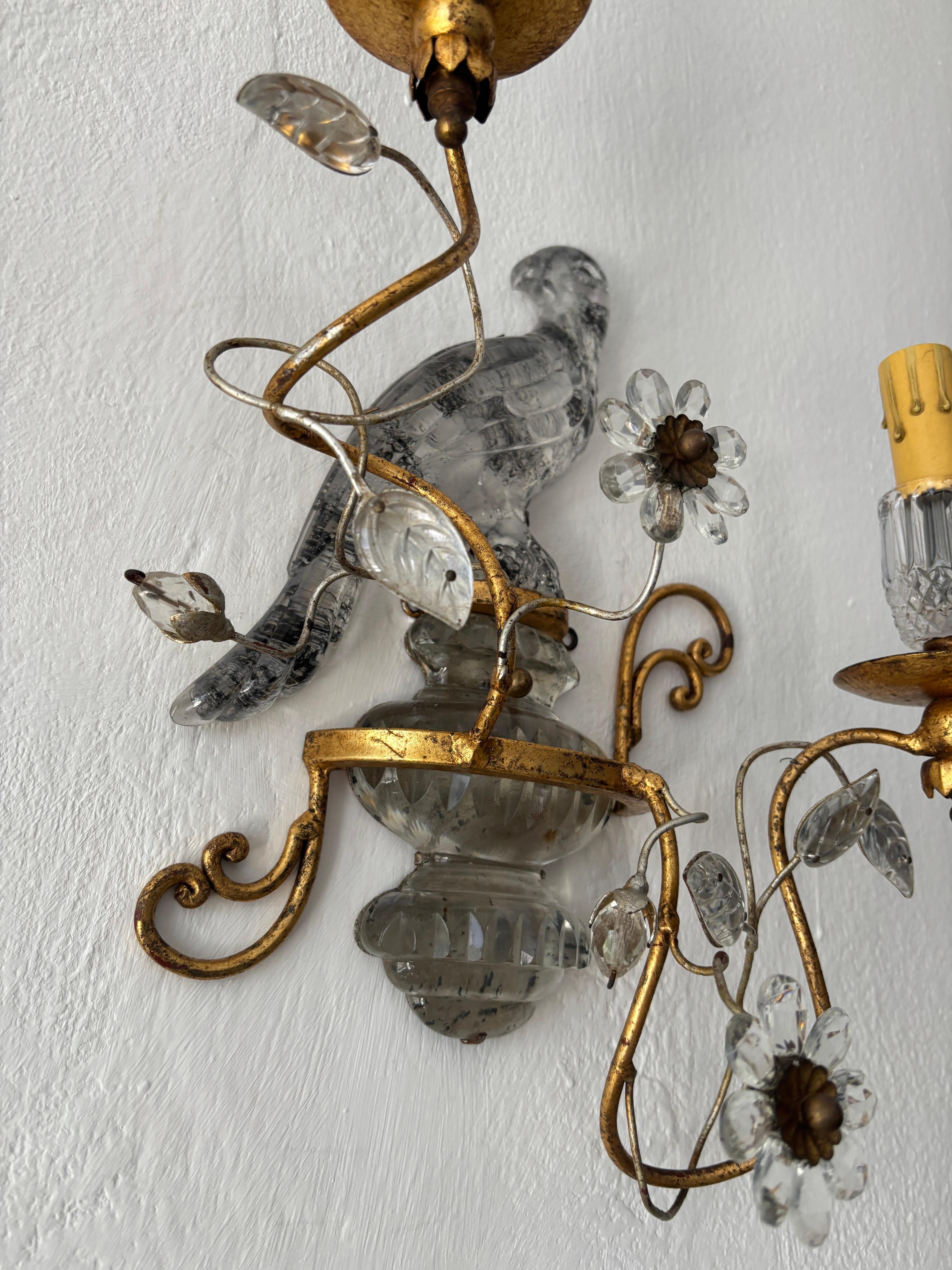 French Maison Bagues Parrot Crystal Bird Flower Sconces Signed For Sale 5
