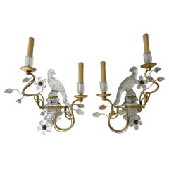 French Maison Bagues Parrot Crystal Bird Flower Sconces Signed
