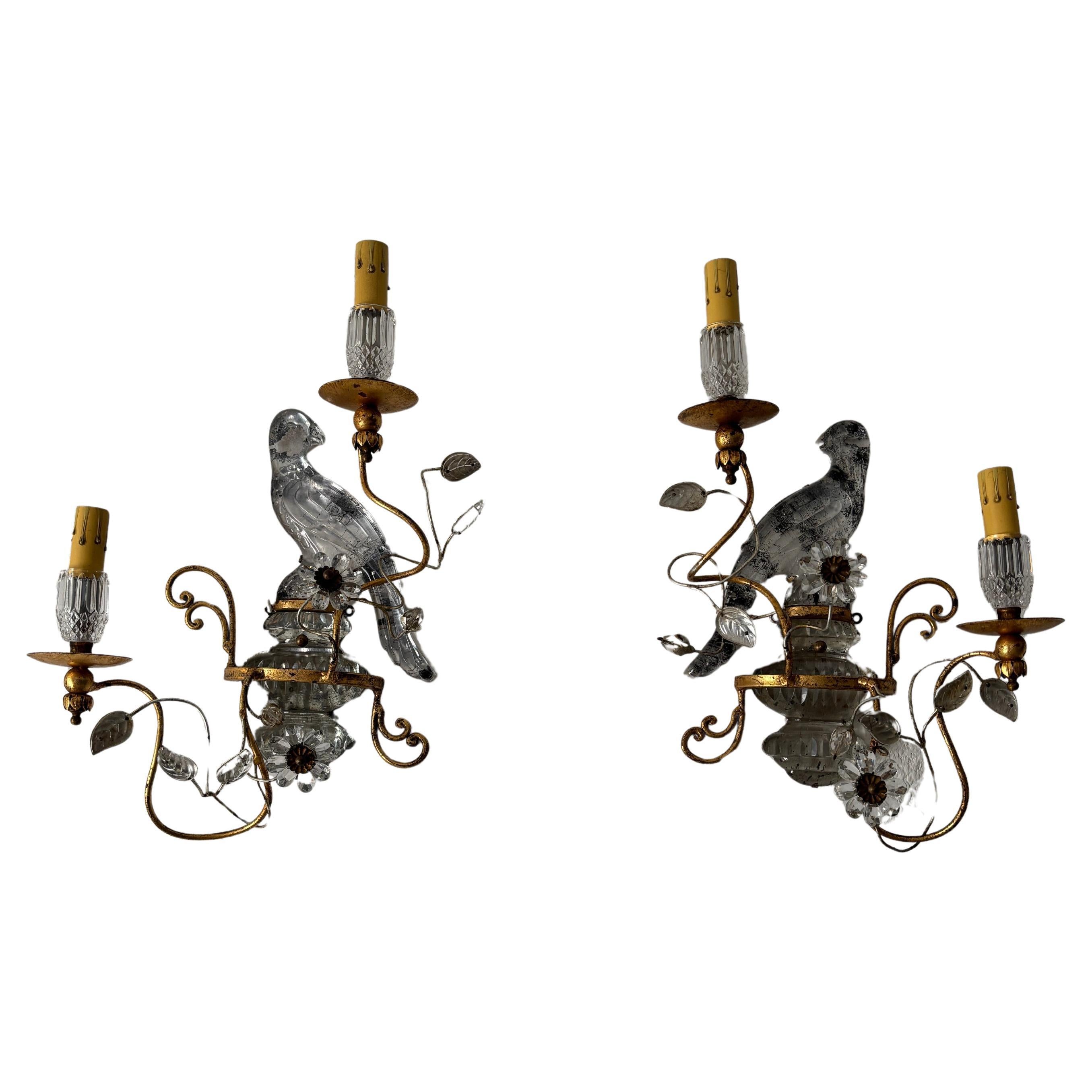 French Maison Bagues Parrot Crystal Bird Flower Sconces Signed For Sale