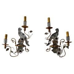 French Maison Bagues Parrot Crystal Bird Flower Sconces Signed