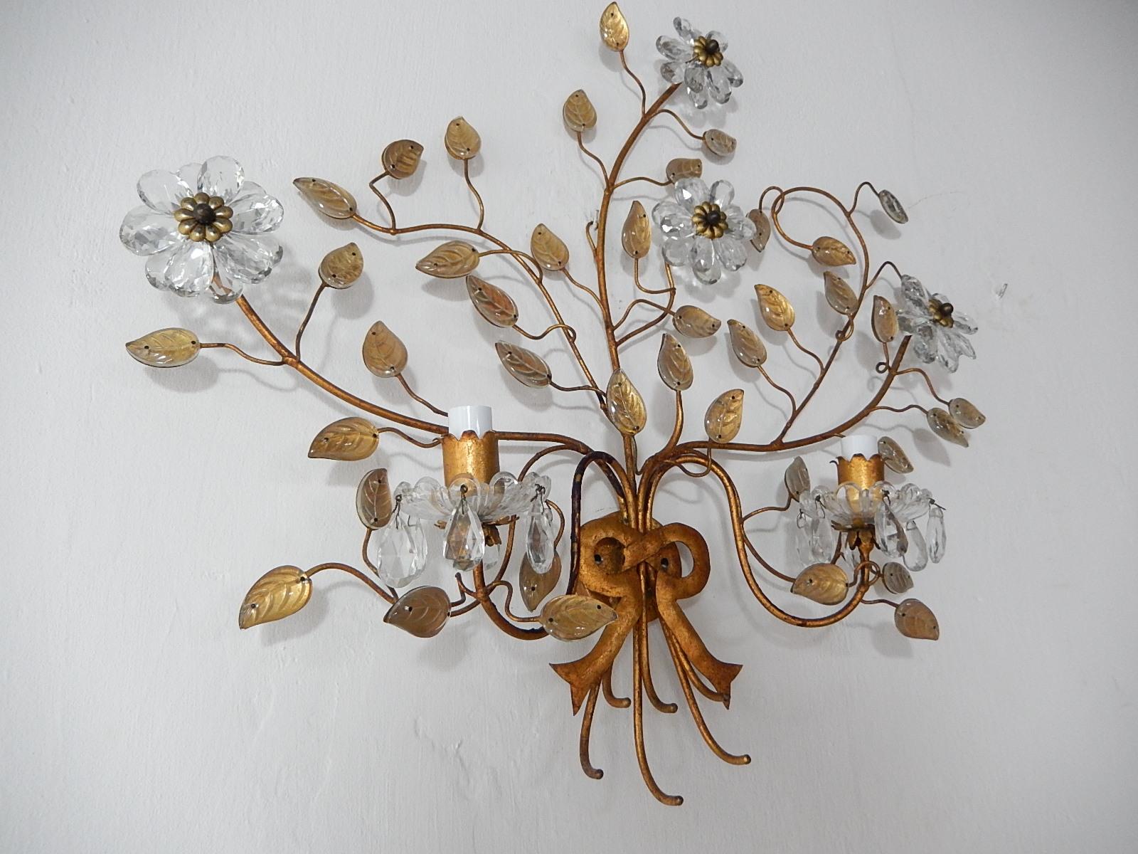 Mid-20th Century French Maison Baguès Style Set of Four Huge Flower Floral Crystal Sconces
