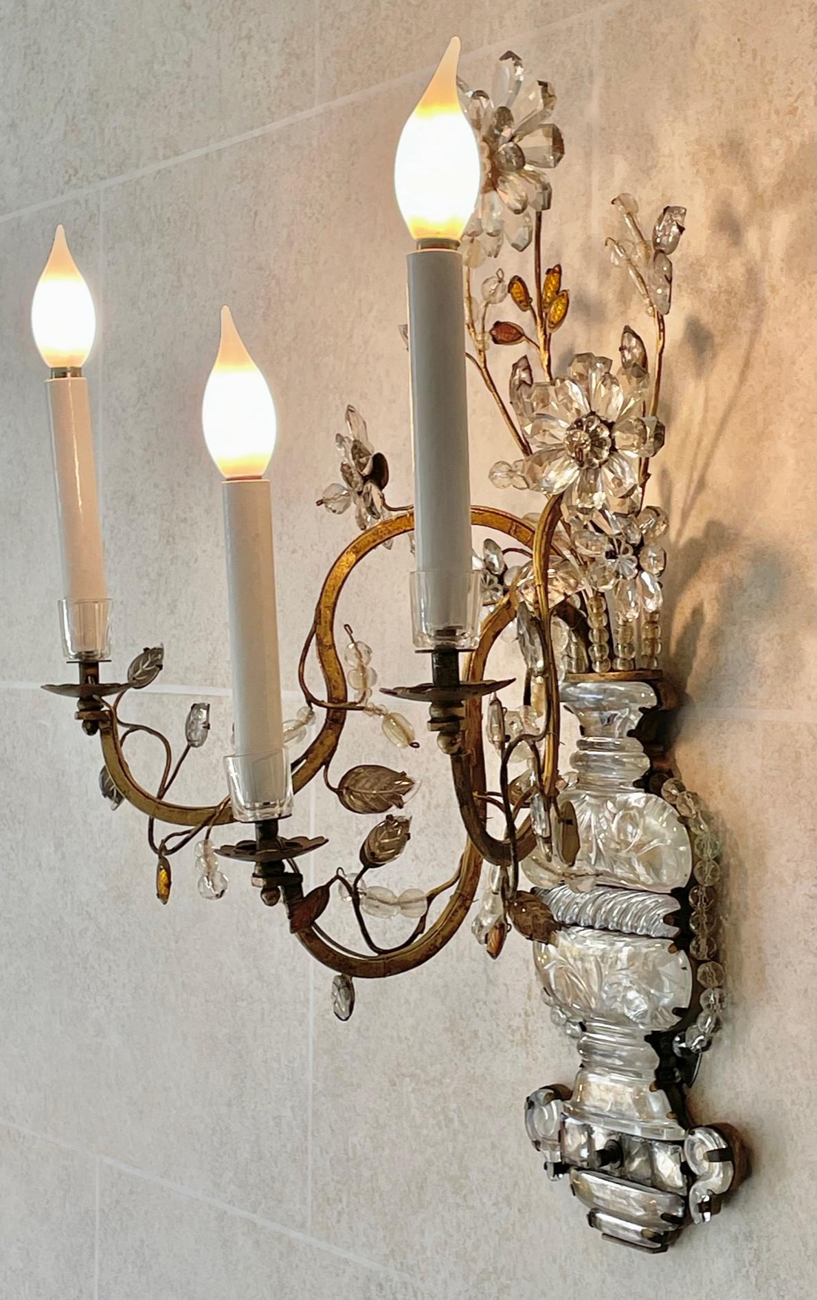 Mid-Century Modern French Maison Baguès Set of Three Floral Spray Sconces, Electrified For Sale