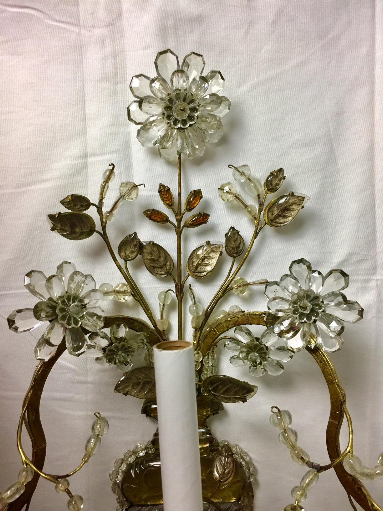 Crystal French Maison Baguès Set of Three Floral Spray Sconces, Electrified For Sale